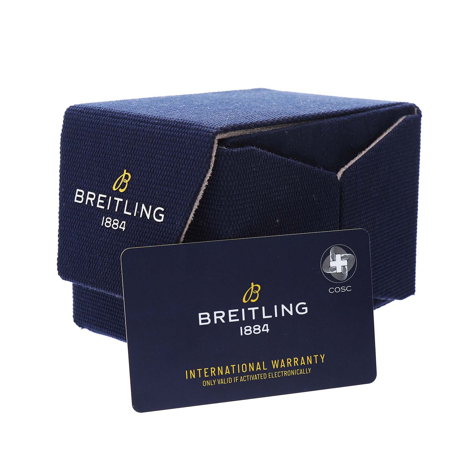 The image shows a Breitling Superocean A17378 Men's Stainless Steel Blue Dial box with an international warranty card placed in front.