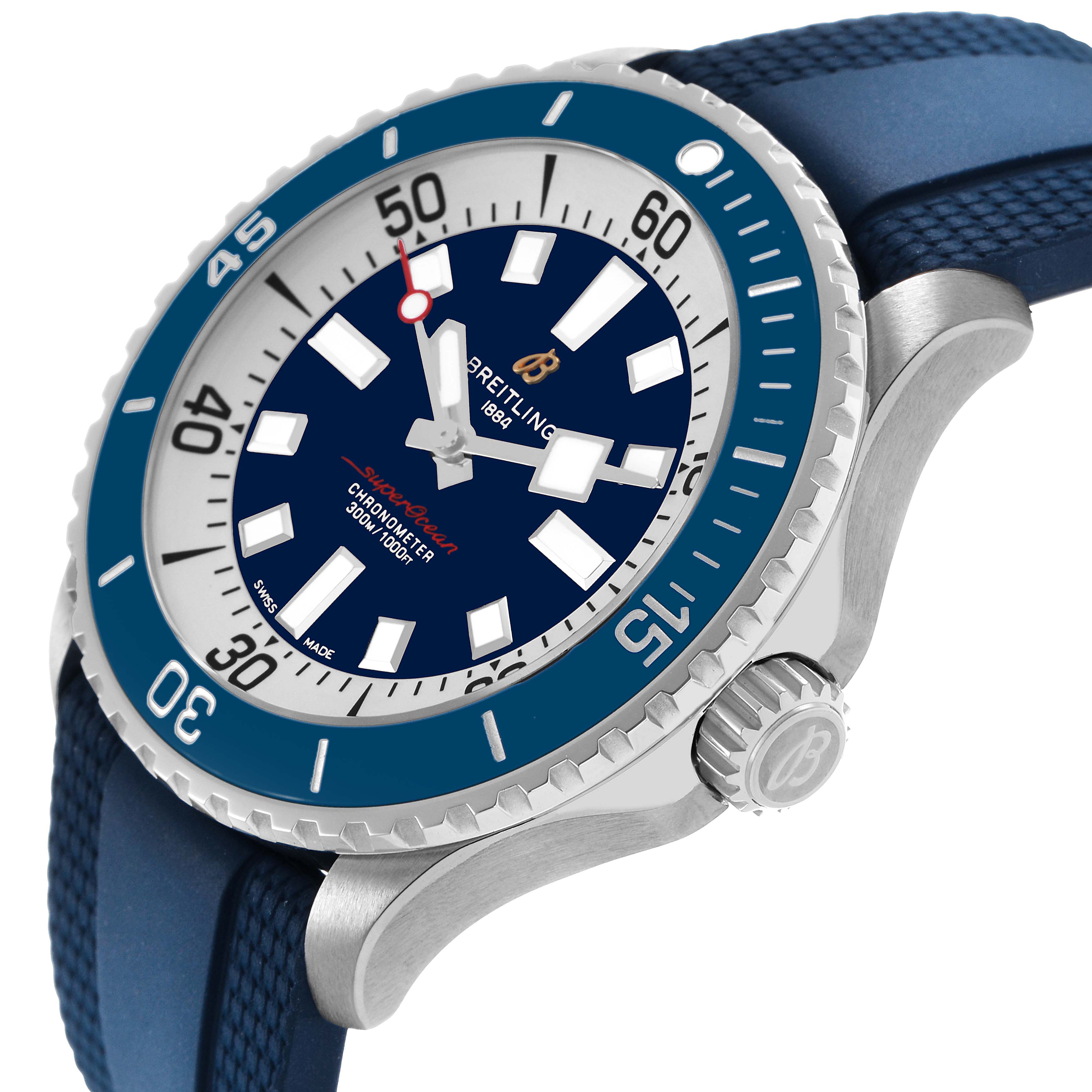 The Breitling Superocean A17378 Men's Stainless Steel Blue Dial watch is shown from a side angle, highlighting the face, bezel, crown, and strap.