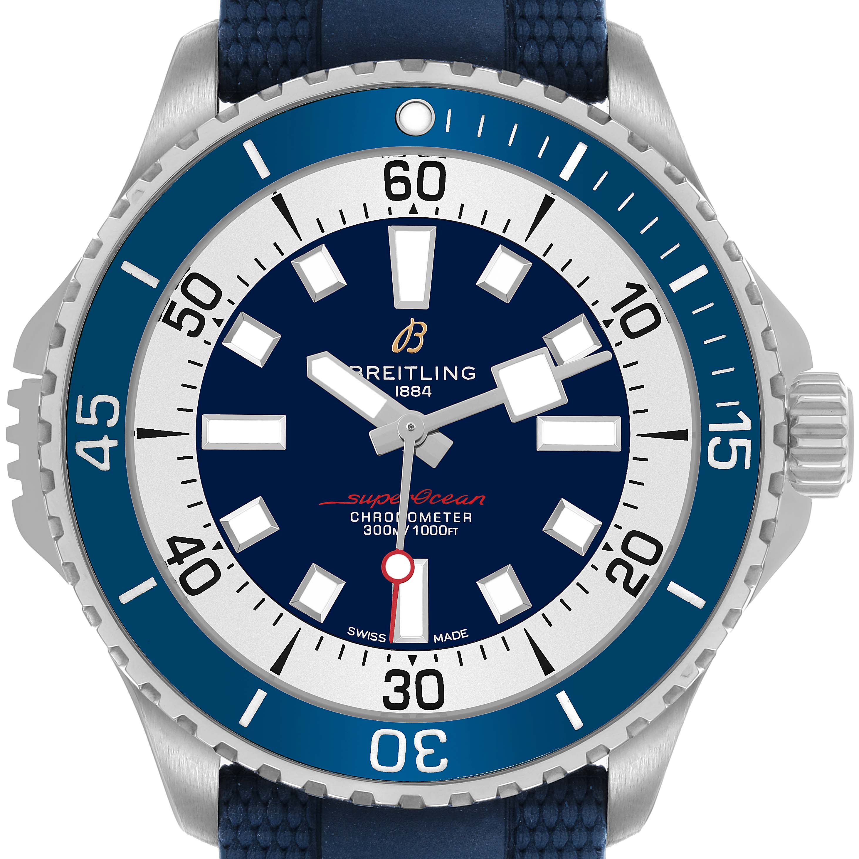 This Breitling Superocean A17378 Men's Stainless Steel Blue Dial watch displays a front view, highlighting its blue dial and bezel with a textured strap.