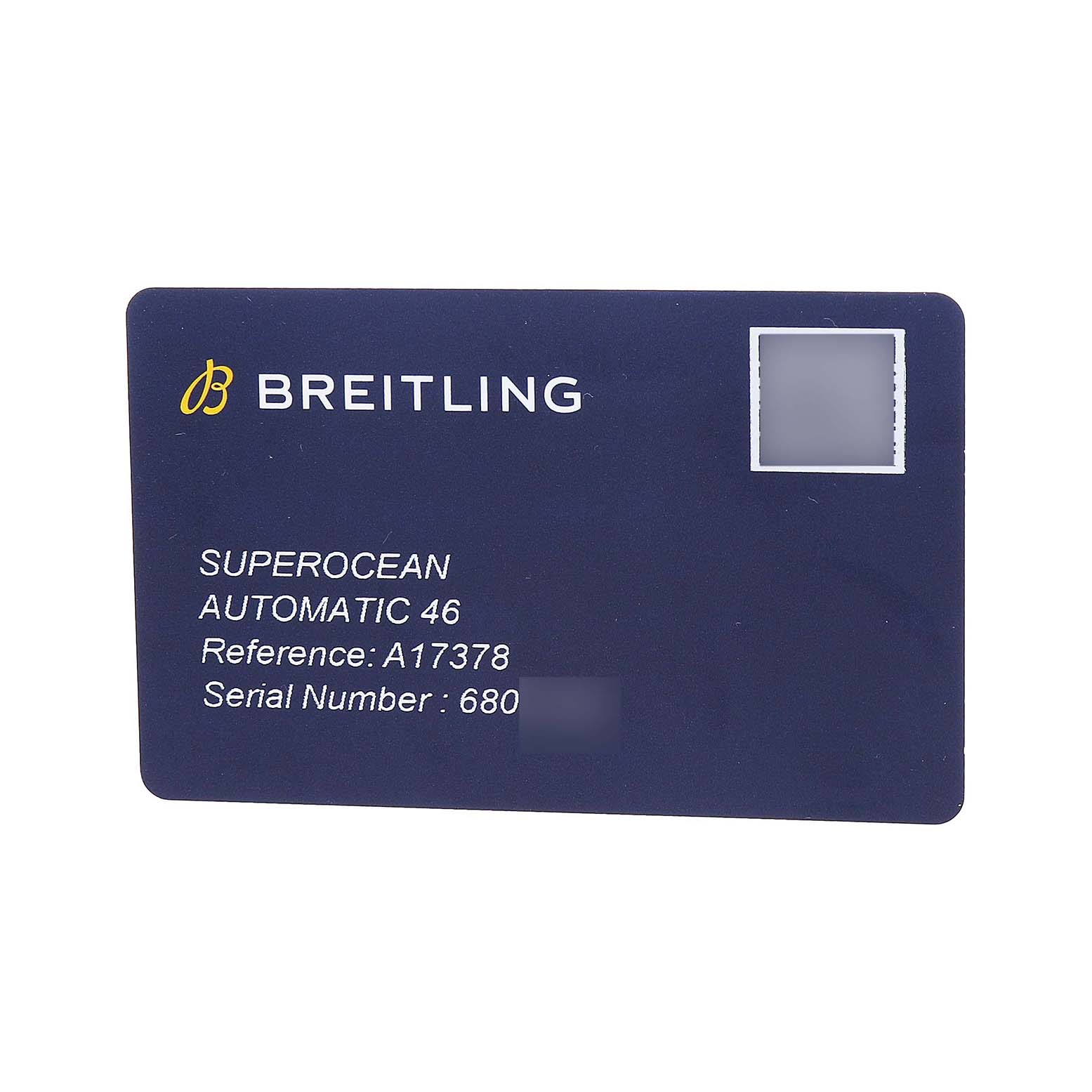 The image shows a warranty card for the Breitling Superocean A17378 Men's Stainless Steel Blue Dial, with model and serial details.