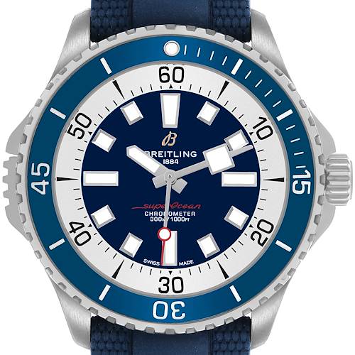 The Breitling Superocean A17378 Men's Stainless Steel Blue Dial watch is shown from a front view, highlighting the dial, bezel, hands, and markers.