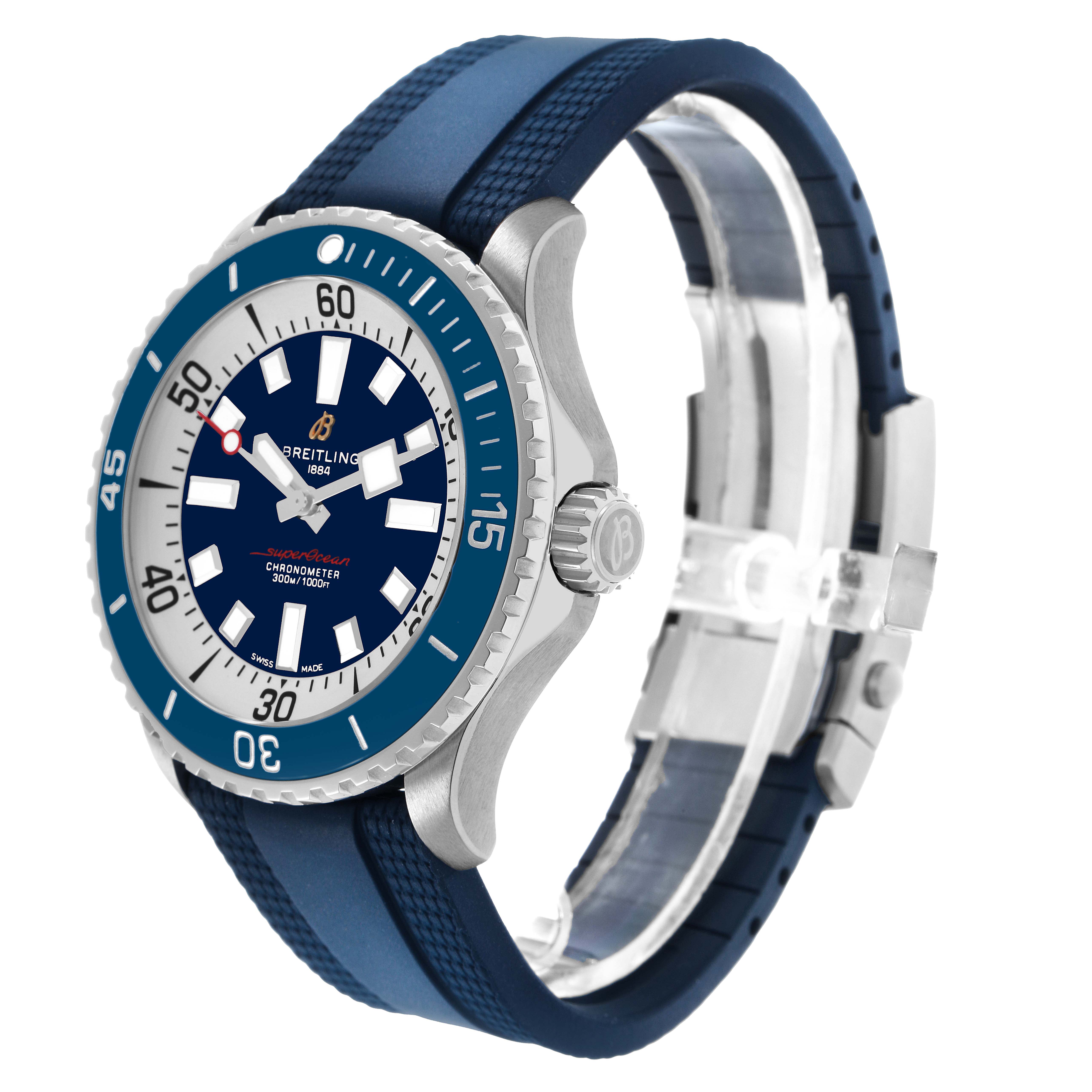 The Breitling Superocean A17378 Men's Stainless Steel Blue Dial watch is shown at a three-quarter angle, highlighting the bezel, crown, dial, and blue strap.