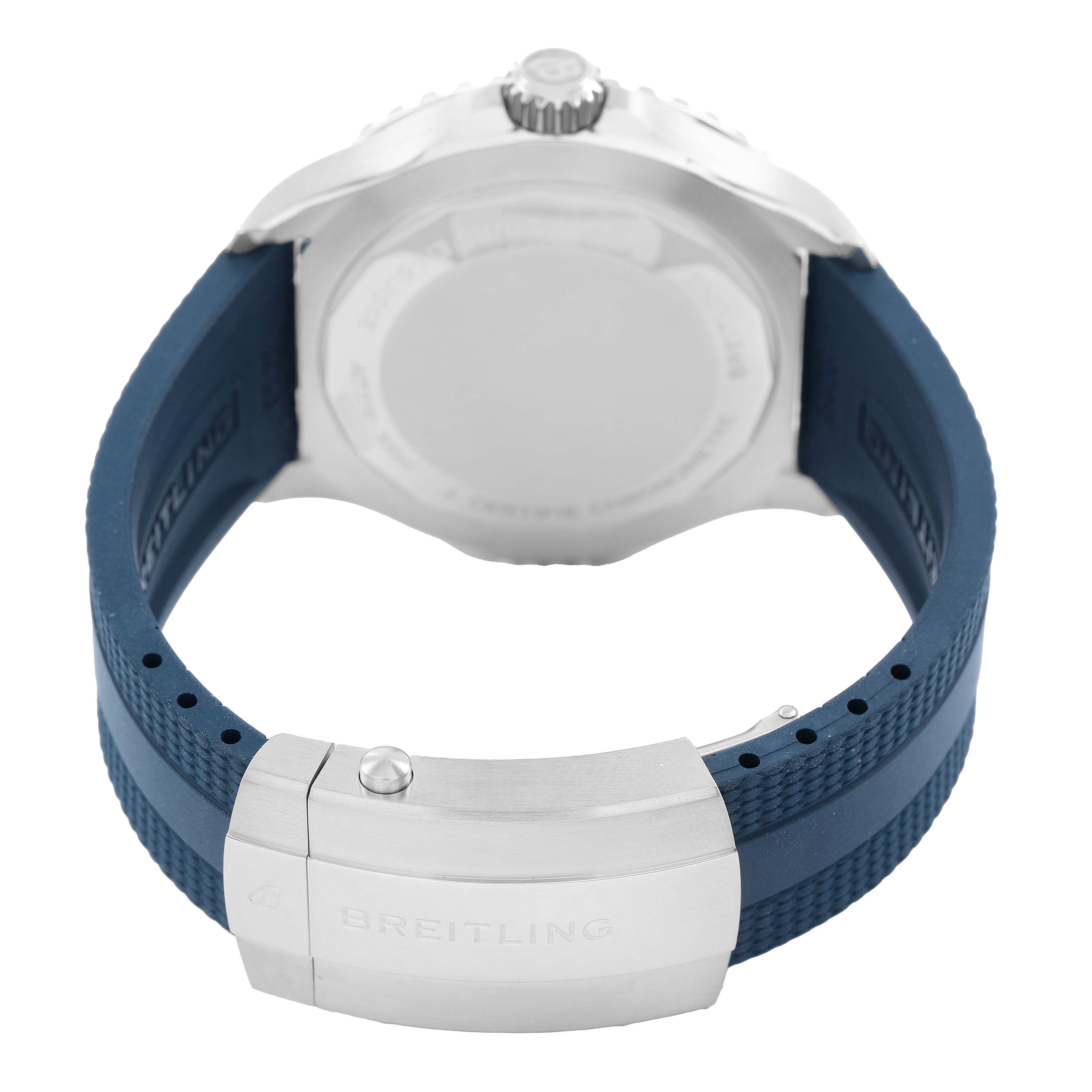 The Breitling Superocean A17378 Men's Stainless Steel Blue Dial watch is shown from the back, highlighting the clasp, strap, and case back.