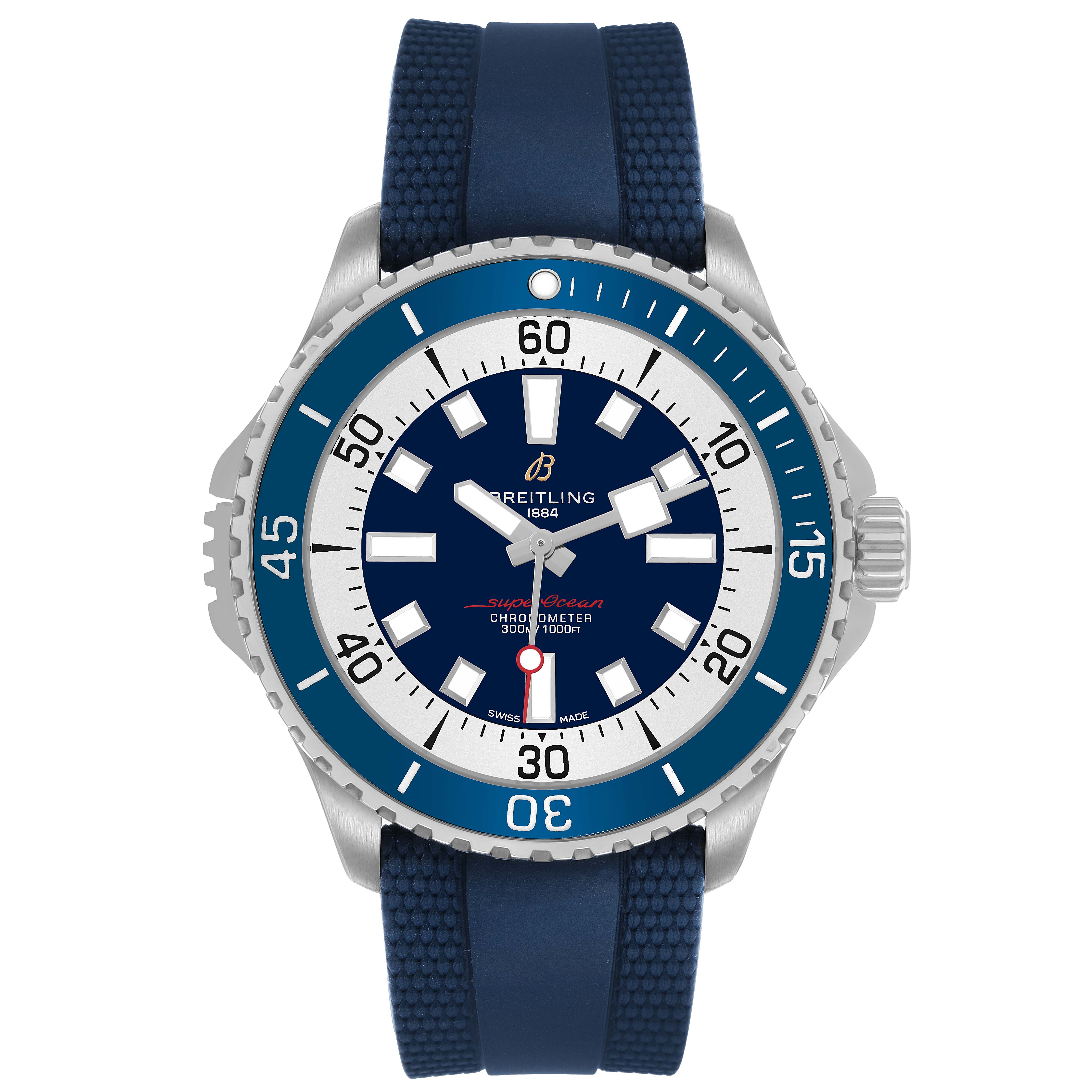 The Breitling Superocean A17378 Men's Stainless Steel Blue Dial watch is shown from a front view, displaying the face, bezel, and strap.