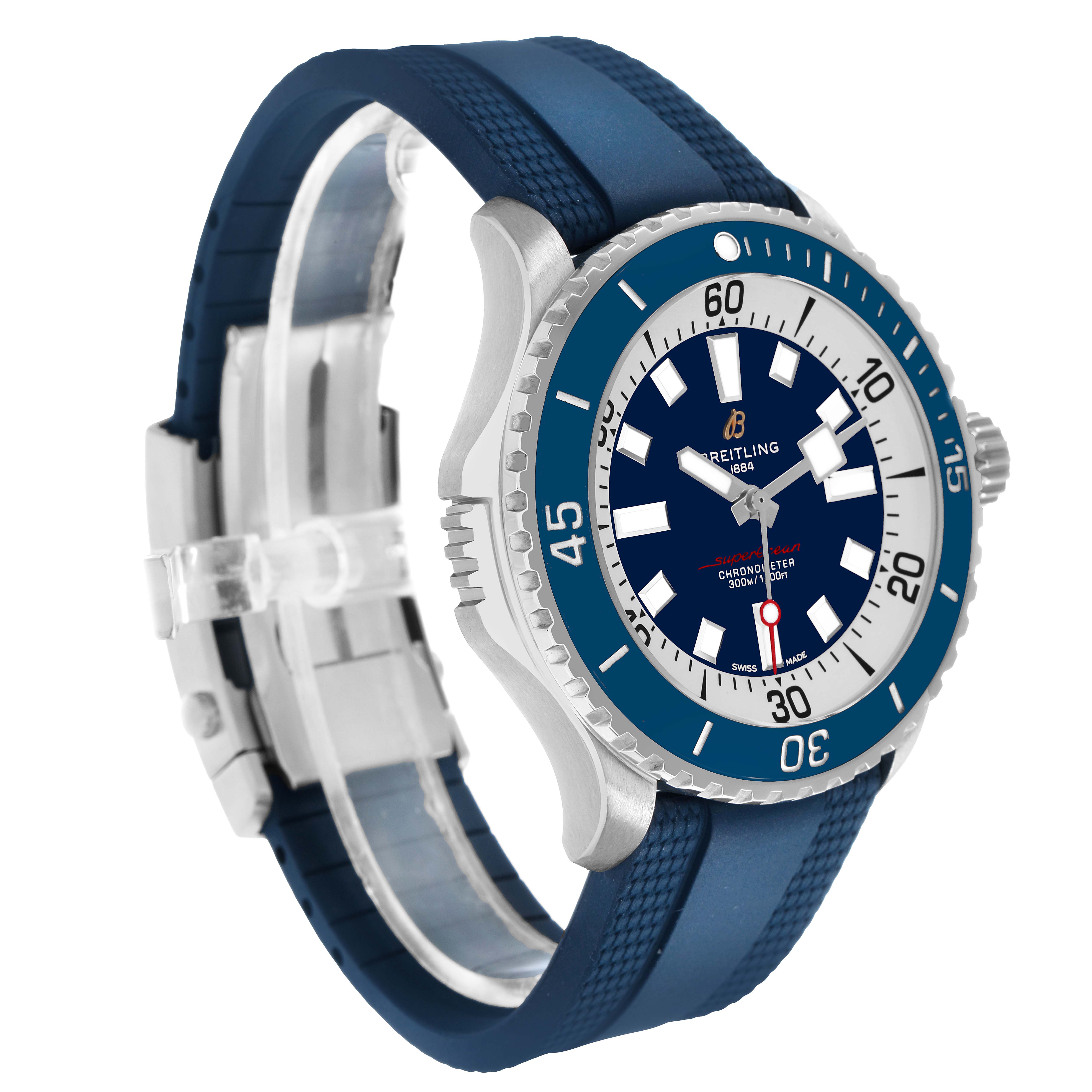 The Breitling Superocean A17378 Men's Stainless Steel Blue Dial watch is shown from a front angle, highlighting its blue bezel, dial, and rubber strap.