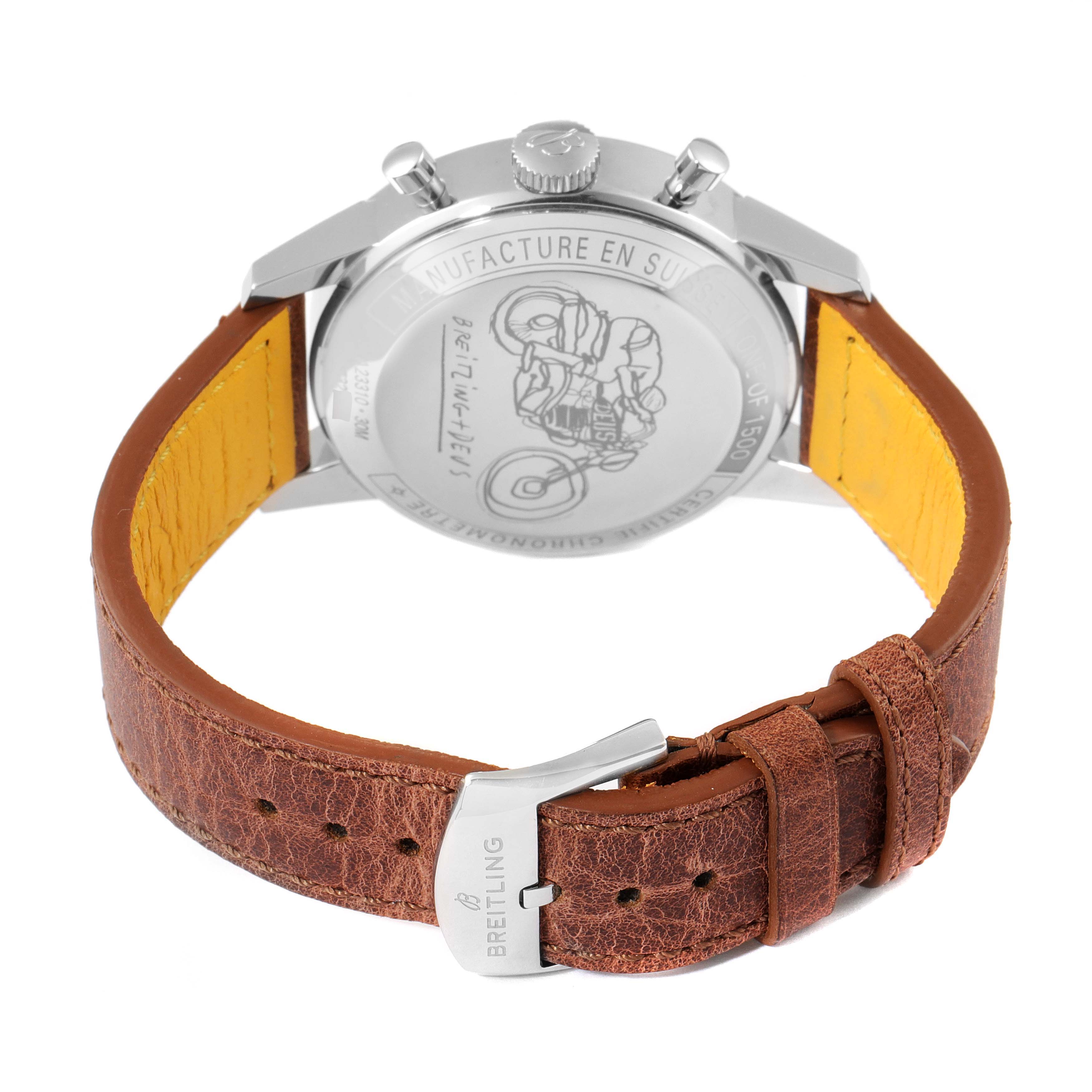 The image shows the back view of a Breitling Professional Series A23310.121.G1X1 Men's Stainless Steel White Dial A23310.121.G1X1 Men's Stainless Steel White Dial watch, focusing on the case back and brown leather strap.