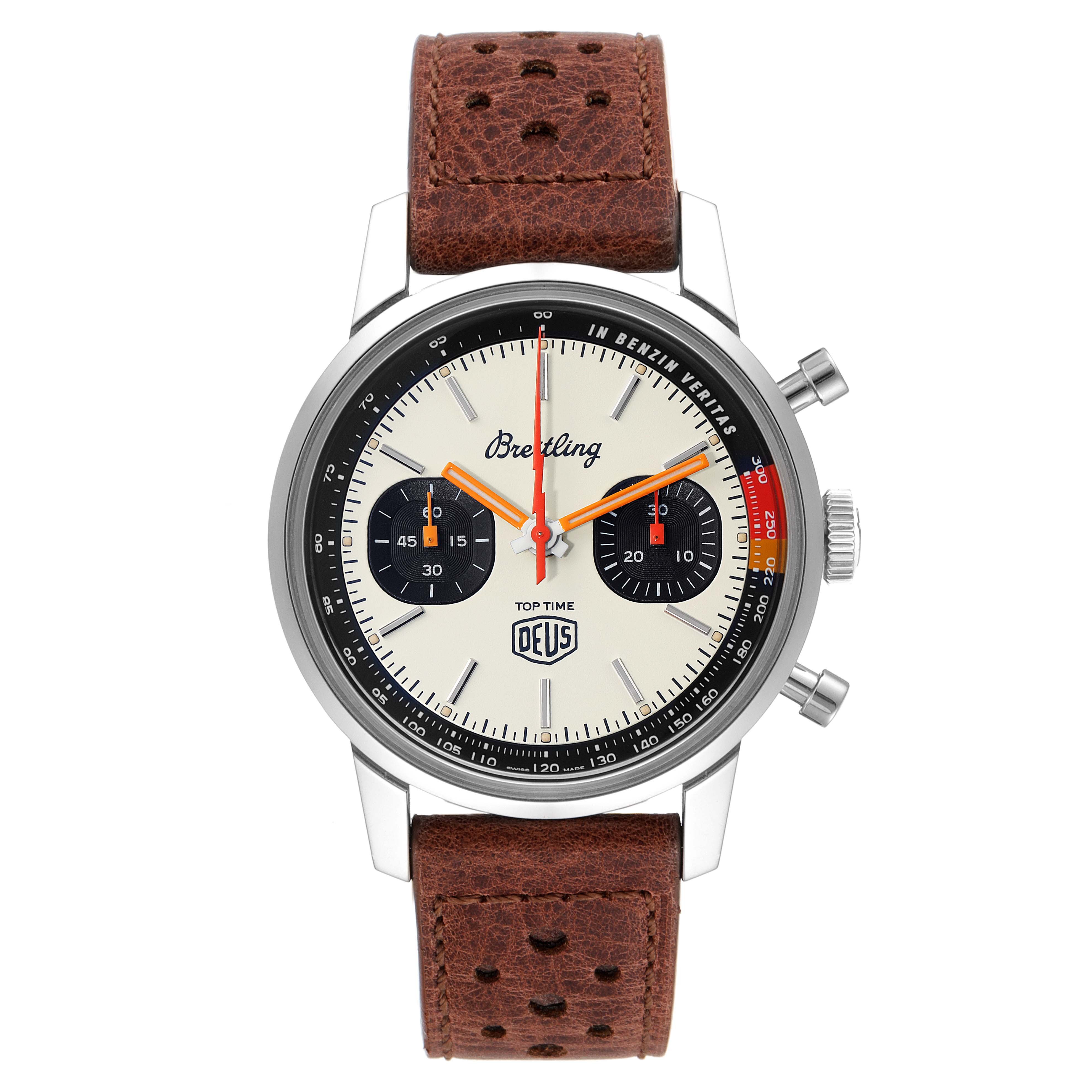 The Breitling Professional Series A23310.121.G1X1 Men's Stainless Steel White Dial A23310.121.G1X1 Men's Stainless Steel White Dial model watch is shown from the front, highlighting the dial, sub-dials, and chronograph buttons.