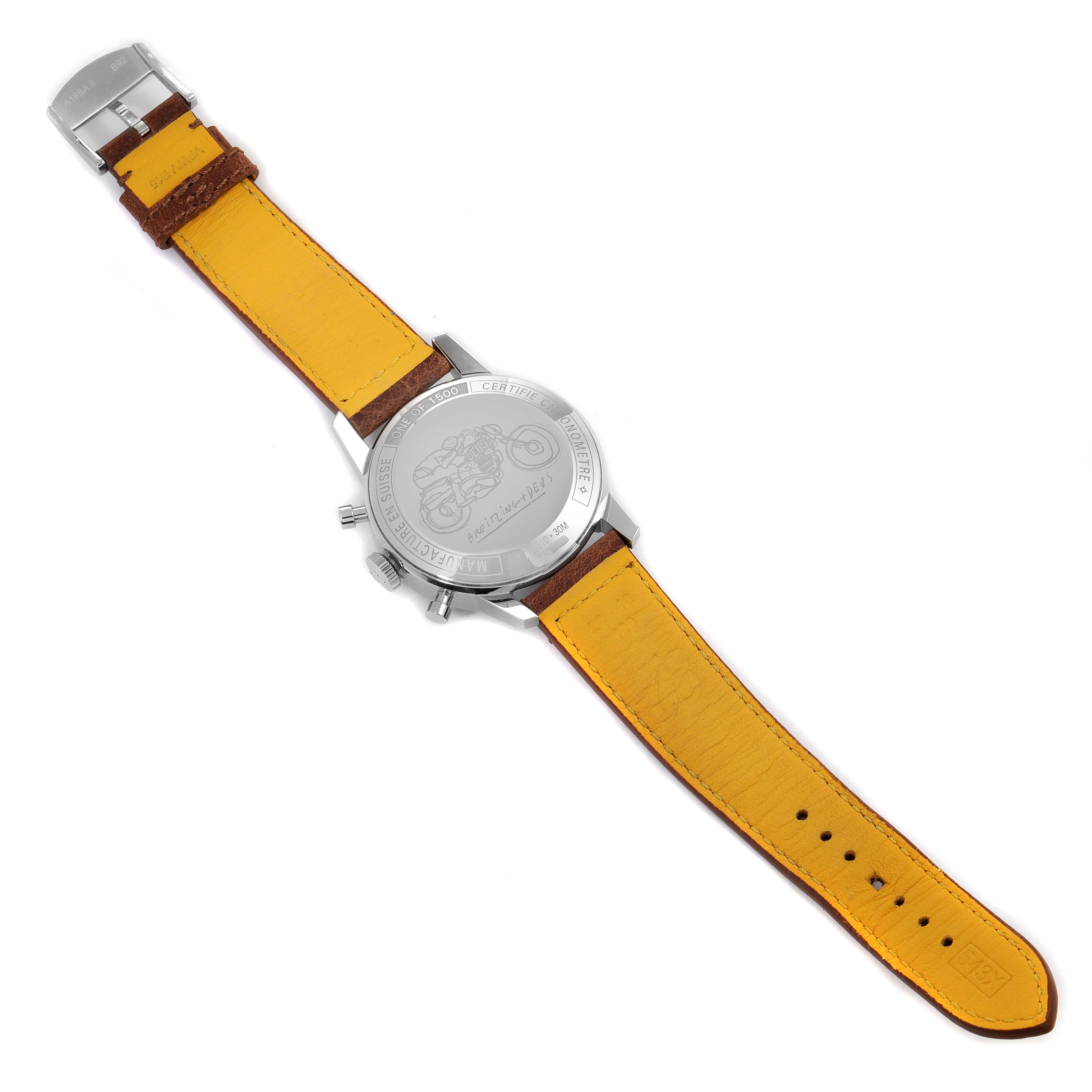 The image shows the back view of a Breitling Professional Series A23310.121.G1X1 Men's Stainless Steel White Dial A23310.121.G1X1 Men's Stainless Steel White Dial watch, highlighting the case back, yellow leather strap, and buckle.