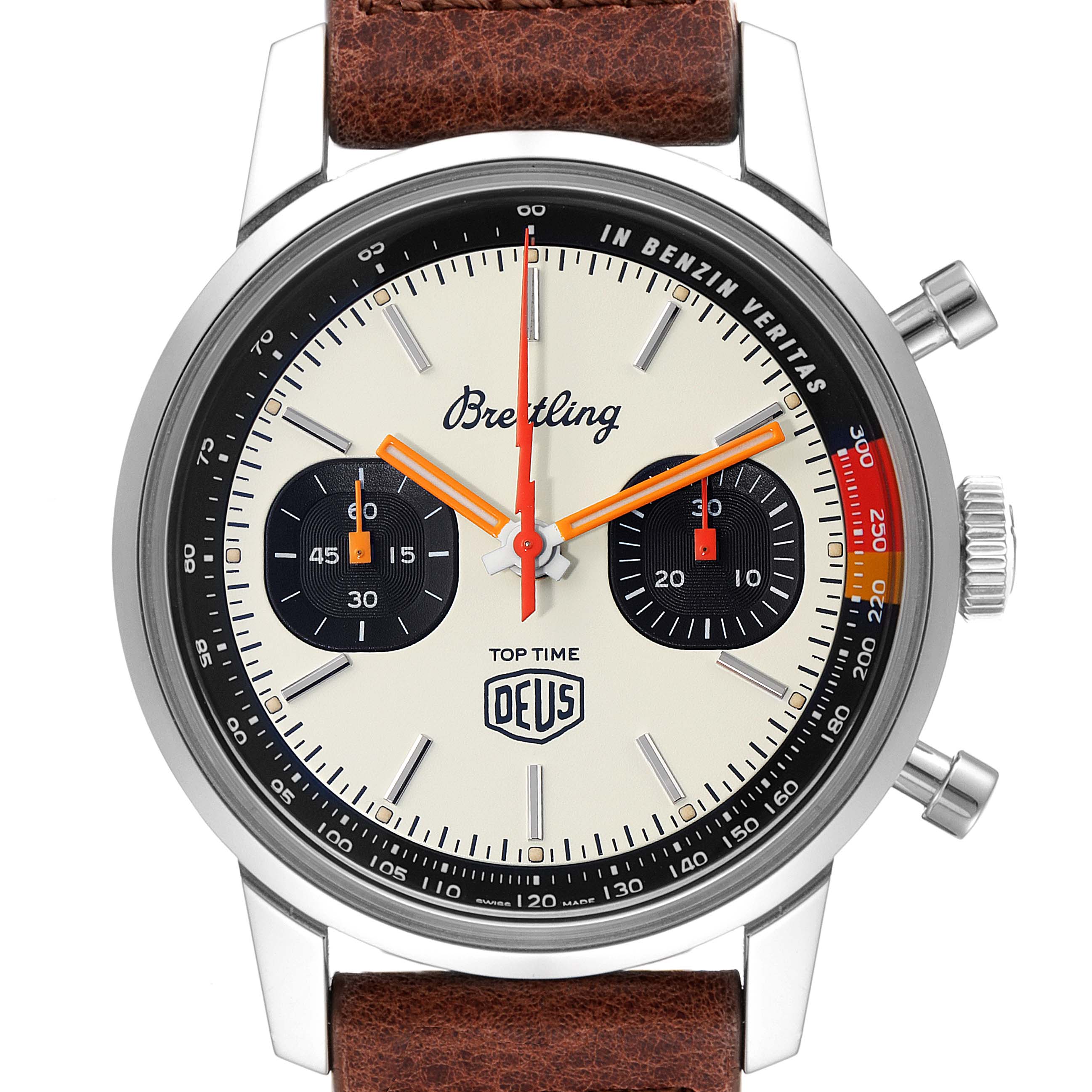 The image shows a front view of the Breitling Professional Series A23310.121.G1X1 Men's Stainless Steel White Dial A23310.121.G1X1 Men's Stainless Steel White Dial Top Time watch, highlighting its face, hands, and brown leather strap.