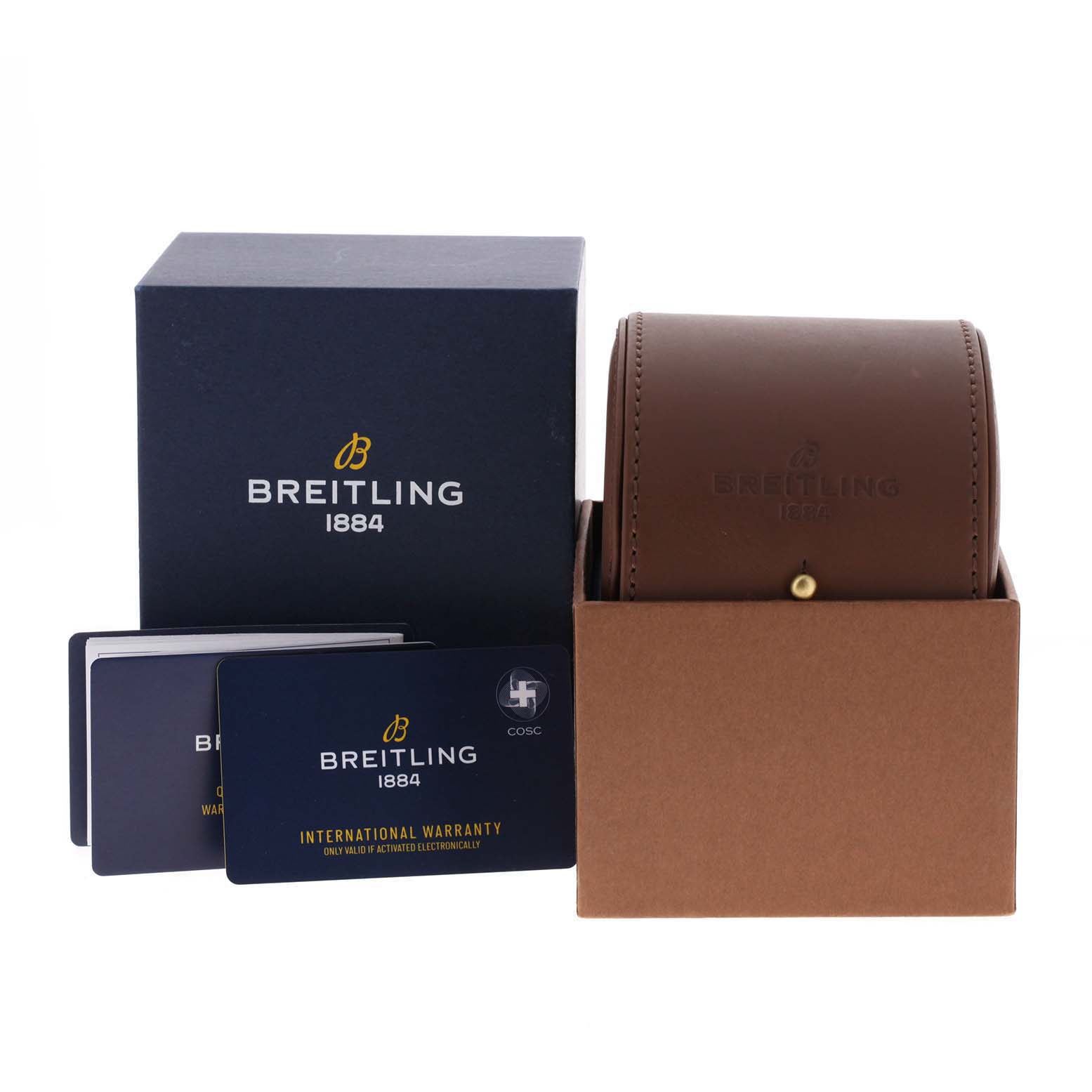 The image shows the Breitling Professional Series A23310.121.G1X1 Men's Stainless Steel White Dial A23310.121.G1X1 Men's Stainless Steel White Dial packaging, including a watch box, travel case, and warranty cards.