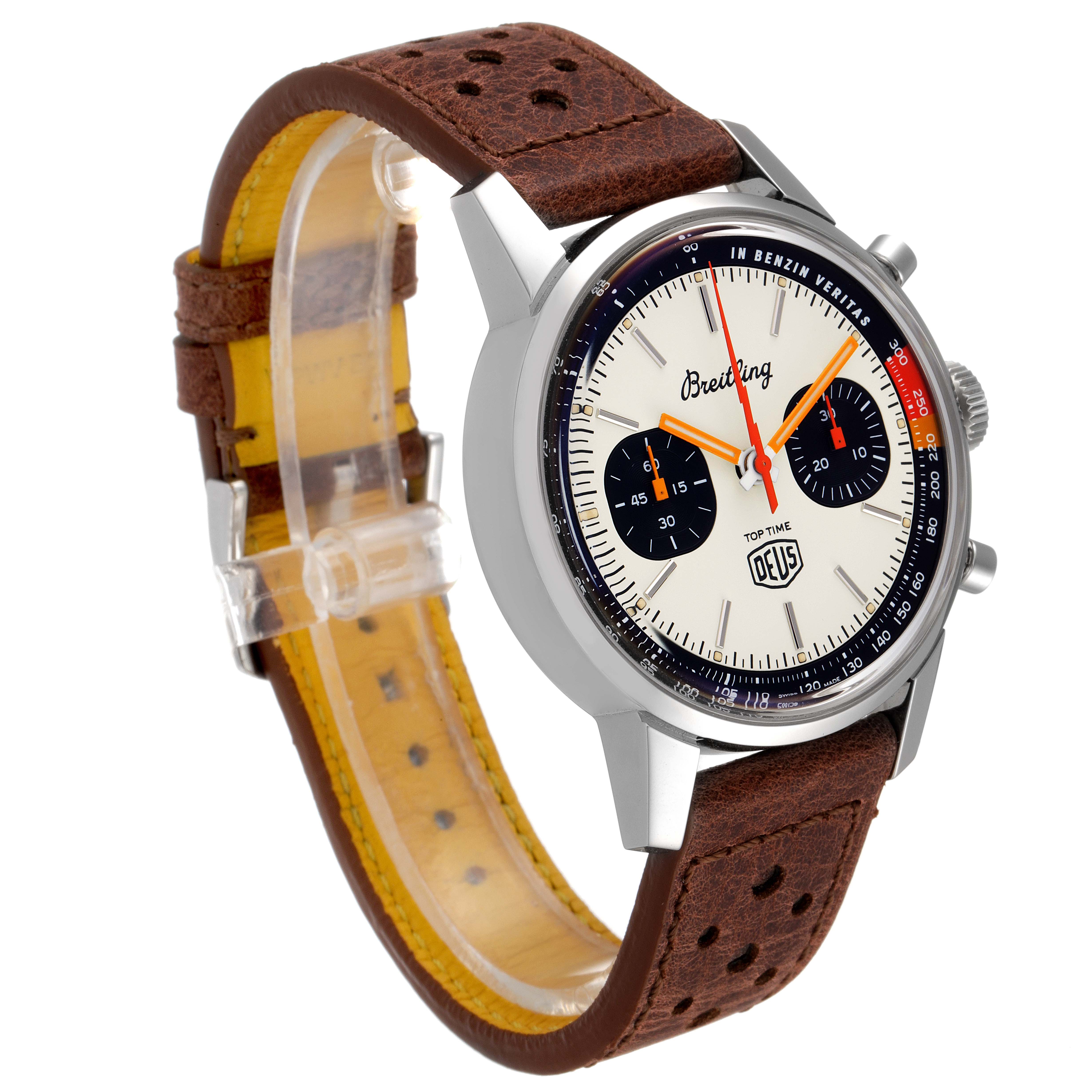 The image shows a Breitling Professional Series A23310.121.G1X1 Men's Stainless Steel White Dial A23310.121.G1X1 Men's Stainless Steel White Dial watch at a three-quarter angle featuring the face, bezel, crown, and brown leather strap.