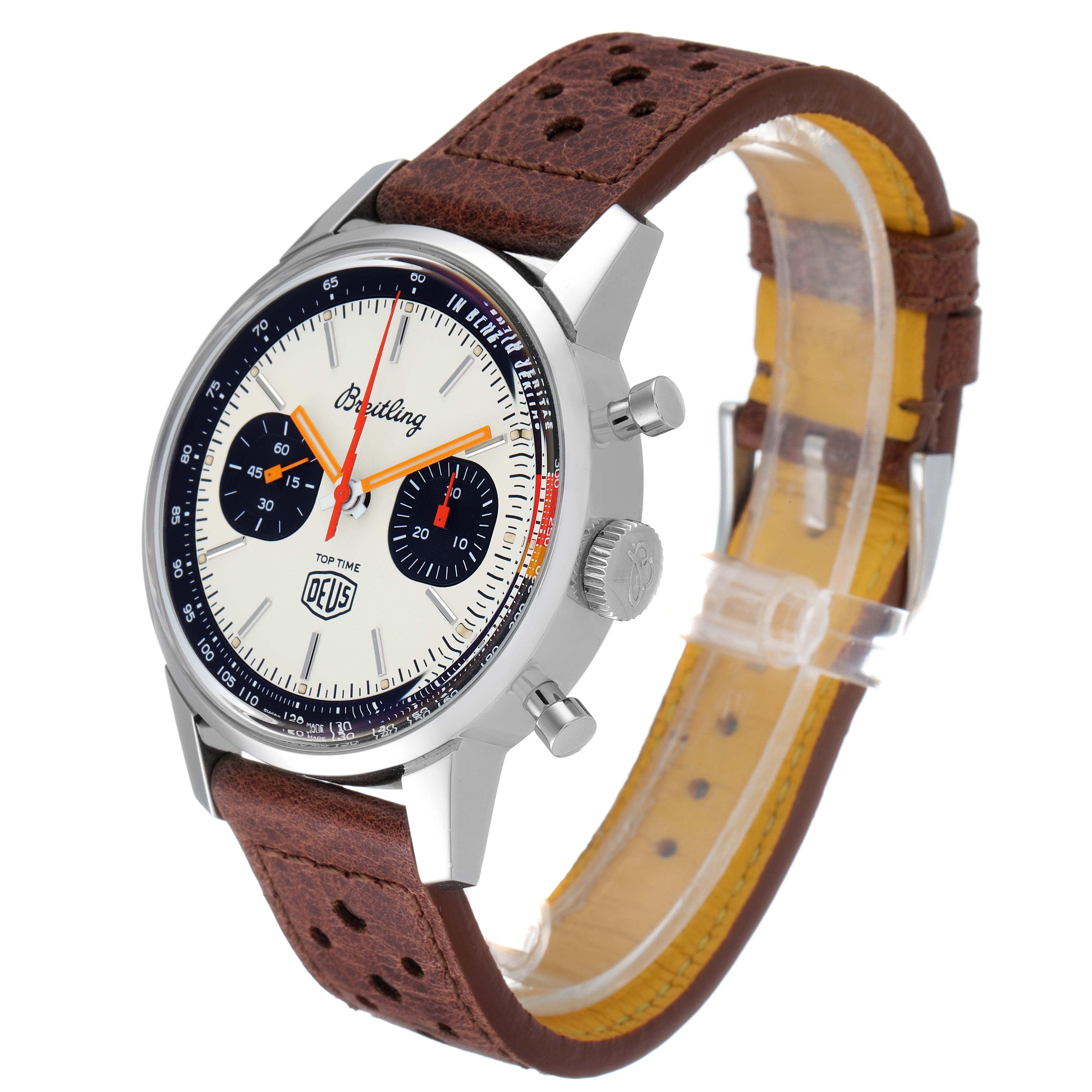 The Breitling Professional Series A23310.121.G1X1 Men's Stainless Steel White Dial A23310.121.G1X1 Men's Stainless Steel White Dial watch is shown at a slight side angle, highlighting the dial, crown, pushers, and brown leather strap.