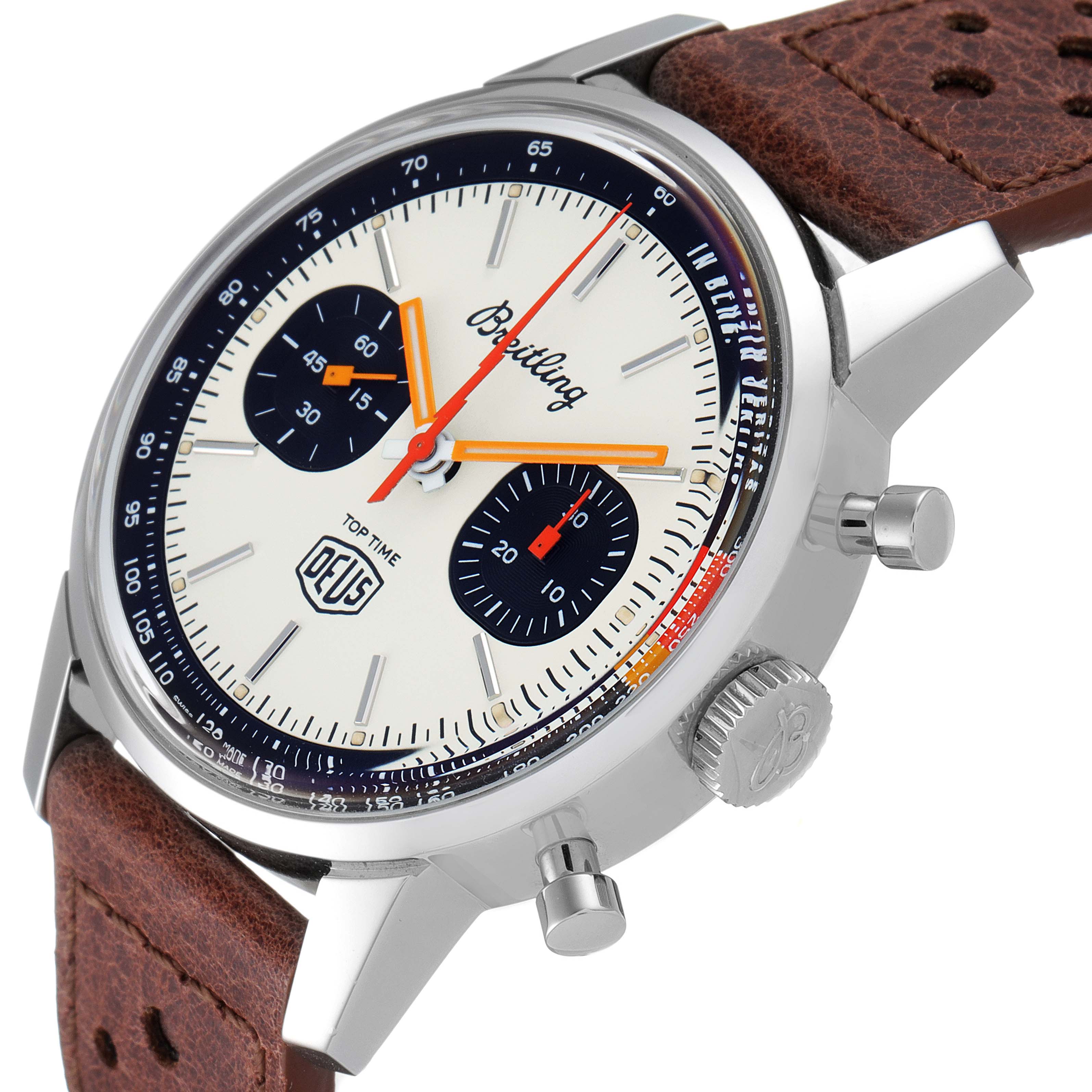 The Breitling Professional Series A23310.121.G1X1 Men's Stainless Steel White Dial A23310.121.G1X1 Men's Stainless Steel White Dial watch is shown at a slight side angle, highlighting its face, crown, pushers, and brown leather strap.