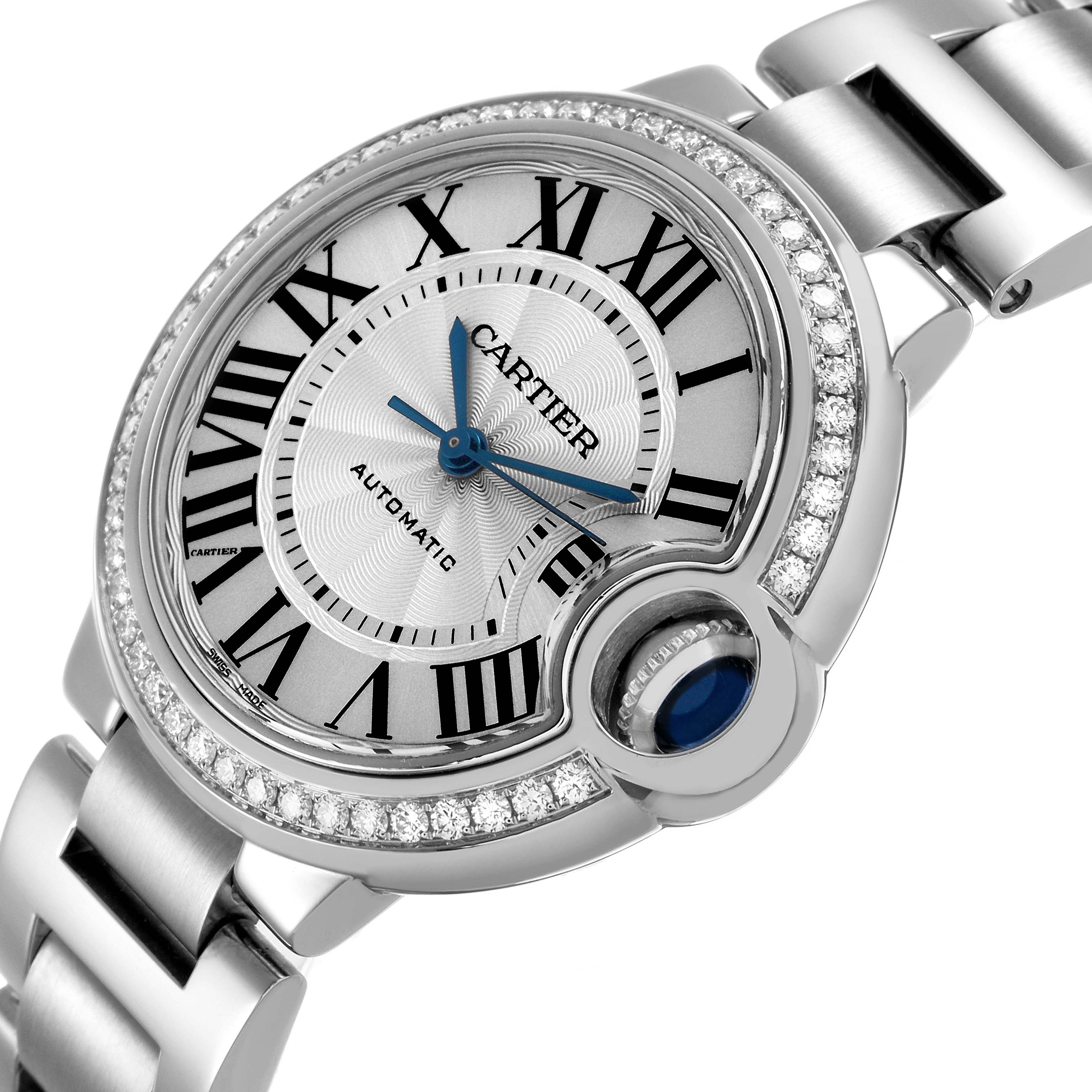 The image shows a close-up of the Cartier Ballon Bleu W4BB0016 Women's Stainless Steel Silver Dial watch, highlighting its circular dial, Roman numerals, and sapphire crown.