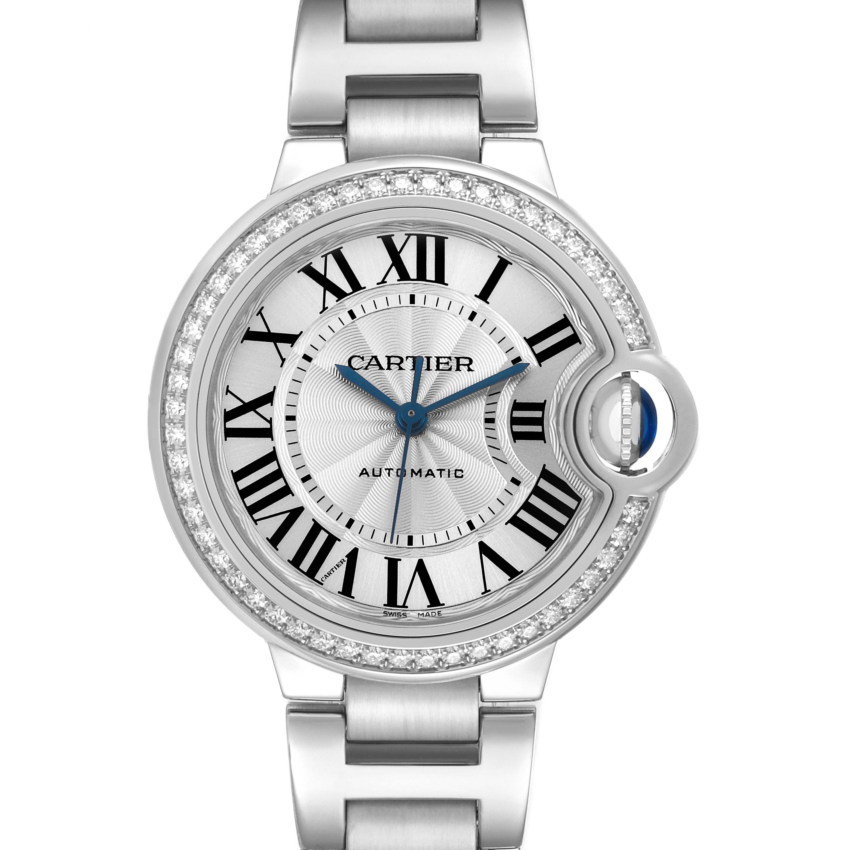 The Cartier Ballon Bleu W4BB0016 Women's Stainless Steel Silver Dial watch is shown from a front angle, highlighting its round face with Roman numerals and diamond-studded bezel.