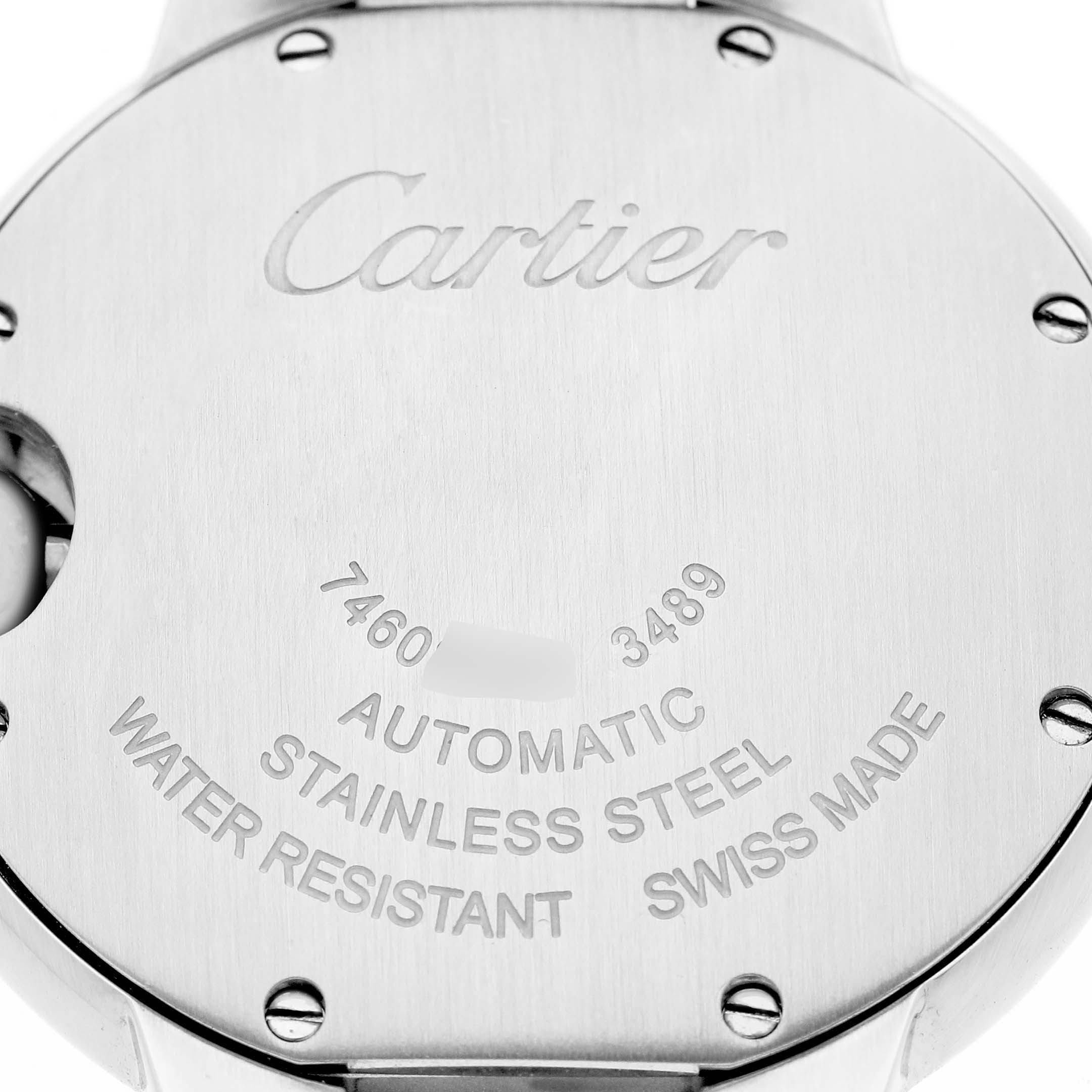 The image shows the back of the Cartier Ballon Bleu W4BB0016 Women's Stainless Steel Silver Dial watch, highlighting its stainless steel case and engraving details.
