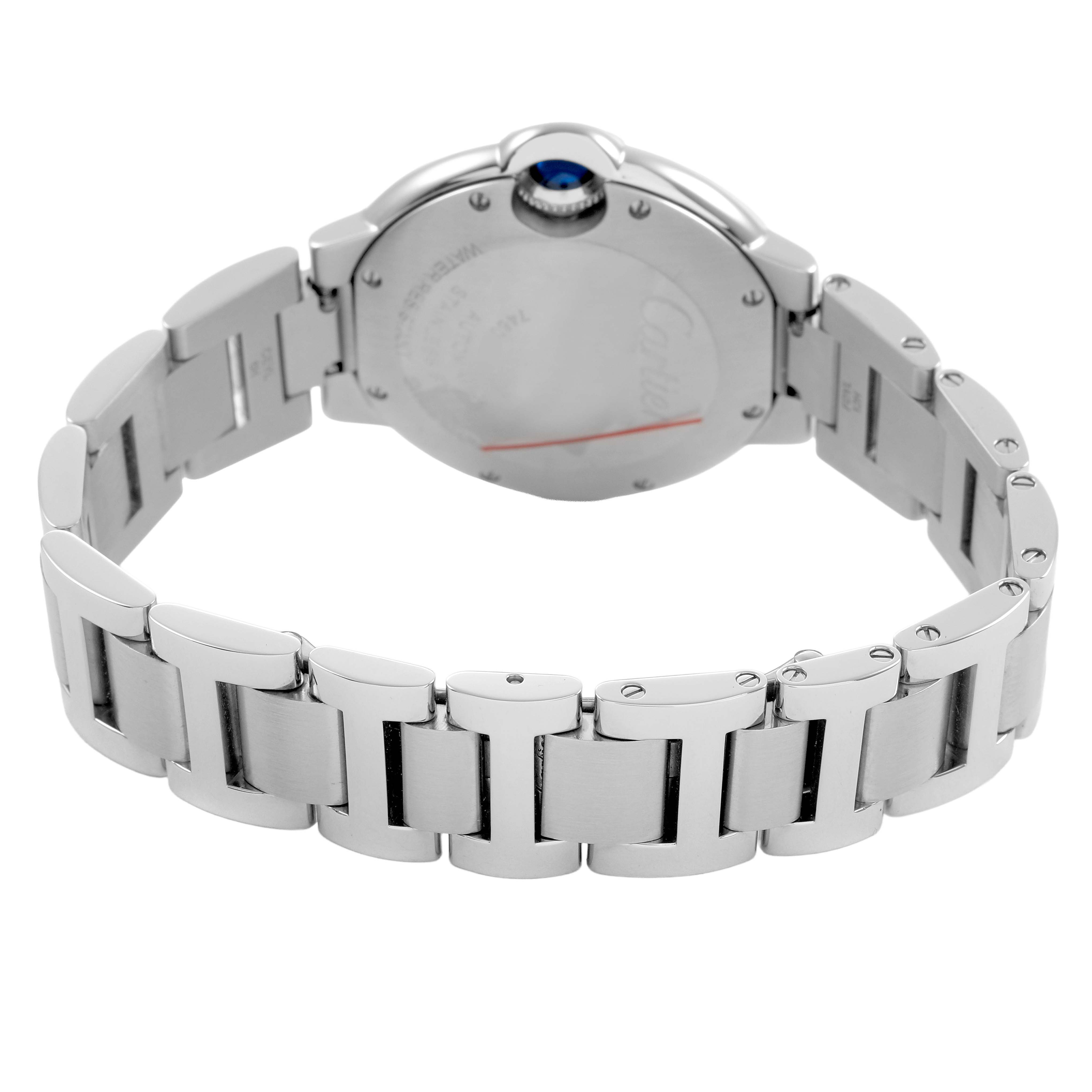 The Cartier Ballon Bleu W4BB0016 Women's Stainless Steel Silver Dial is shown from the back, highlighting the bracelet and case back.