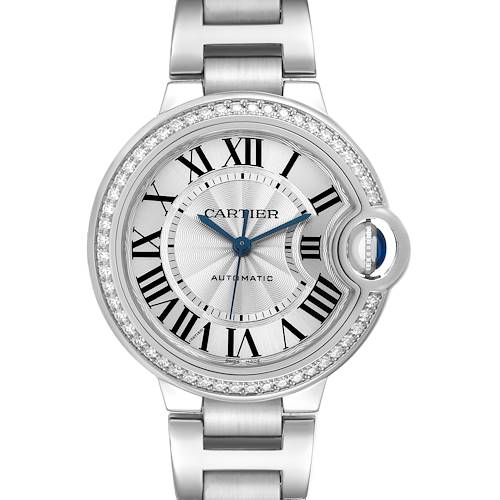The Cartier Ballon Bleu W4BB0016 Women's Stainless Steel Silver Dial watch is shown from a front angle, displaying its round face, Roman numerals, and silver bracelet.