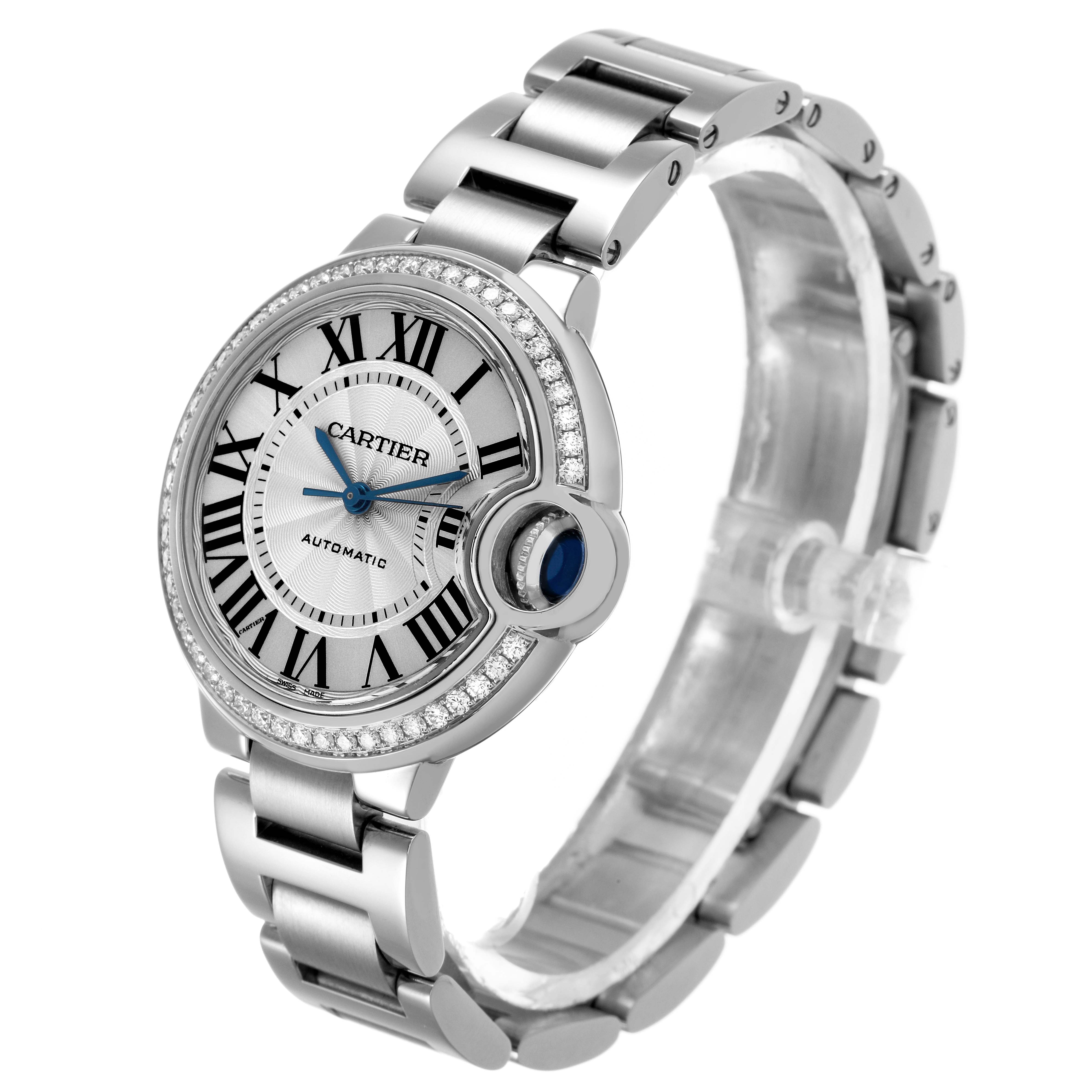 The Cartier Ballon Bleu W4BB0016 Women's Stainless Steel Silver Dial watch is shown at a side angle, displaying the face, bracelet, and diamond-set bezel.