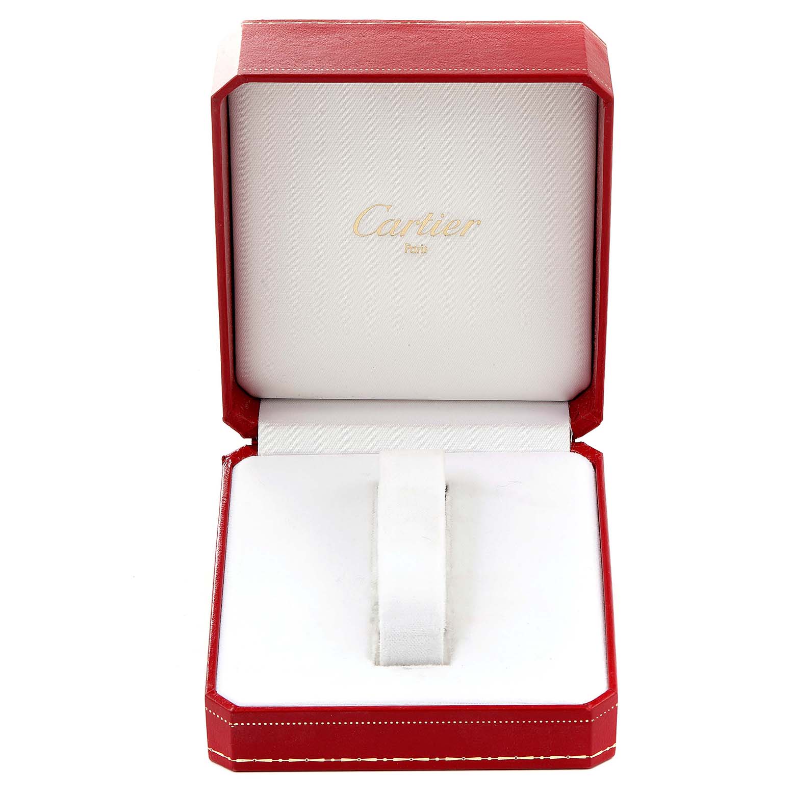 This image shows an empty Cartier Panthere 187957 Women's Steel and Gold (two tone) Silver Dial 187957 Women's Steel and Gold (two tone) Silver Dial watch box in red and white, viewed from the front.