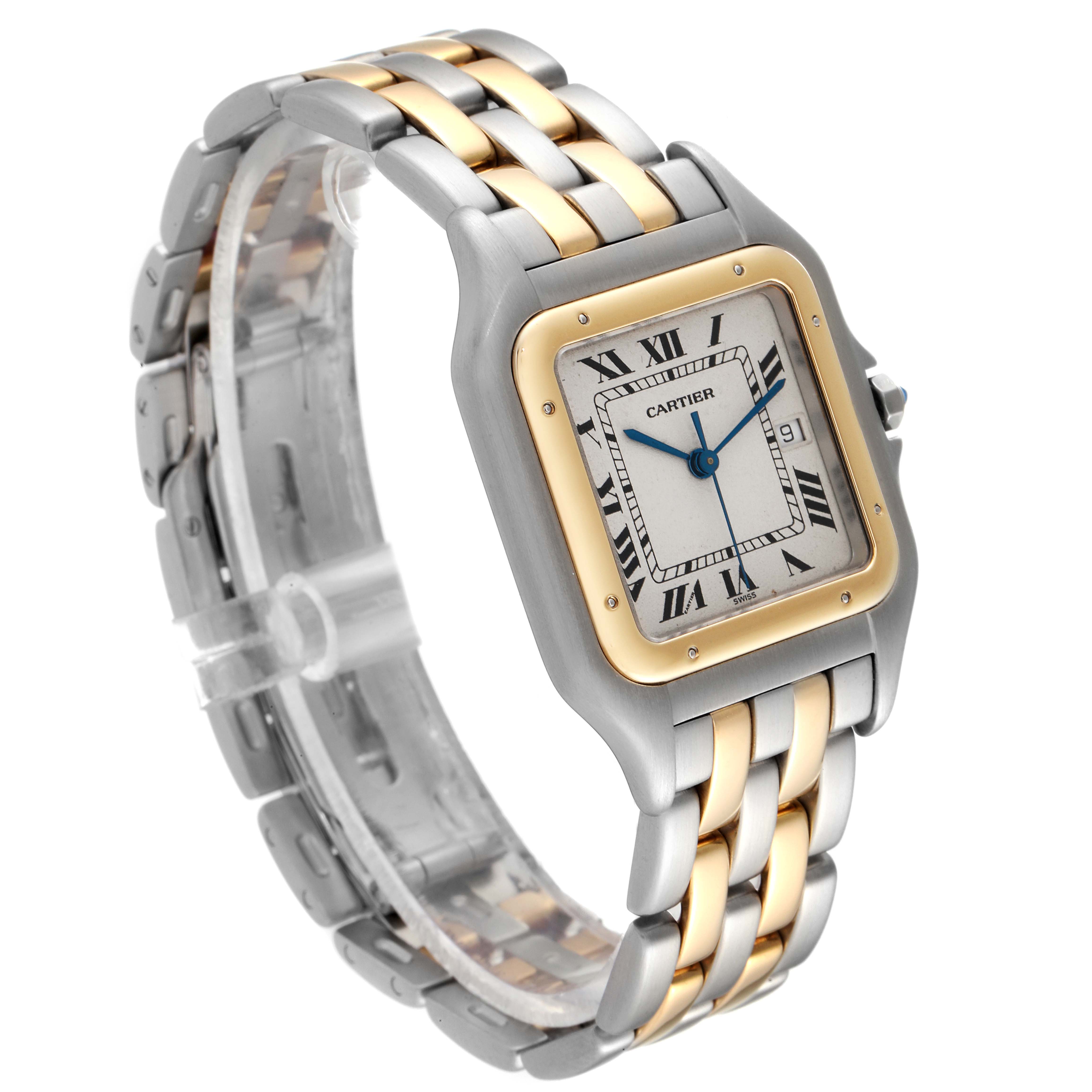 This image shows a Cartier Panthere 187957 Women's Steel and Gold (two tone) Silver Dial 187957 Women's Steel and Gold (two tone) Silver Dial watch at a three-quarter angle, highlighting the watch's face, band, and crown.