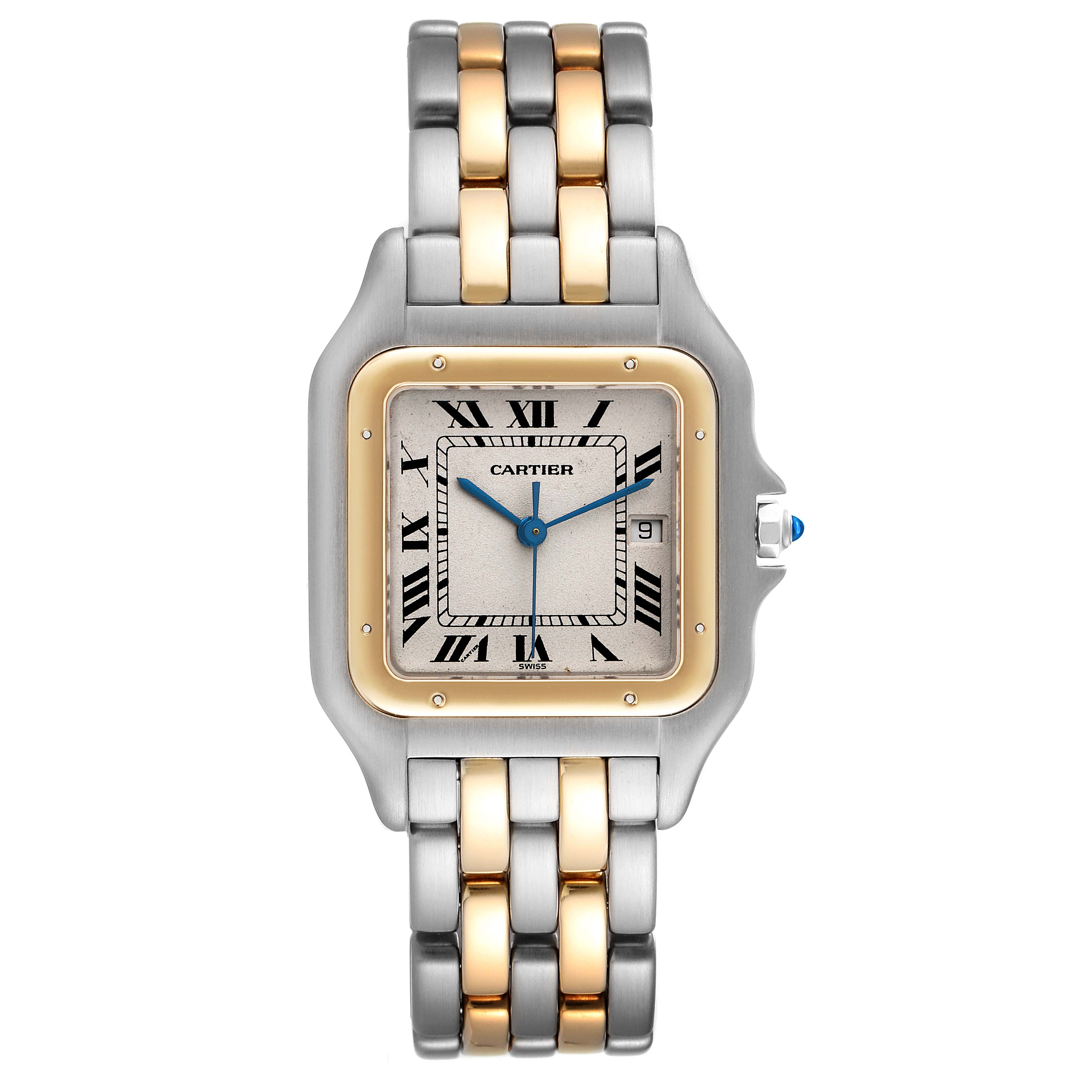 The Panthere de Cartier watch is shown from a front angle, displaying its face, bezel, and two-tone bracelet.