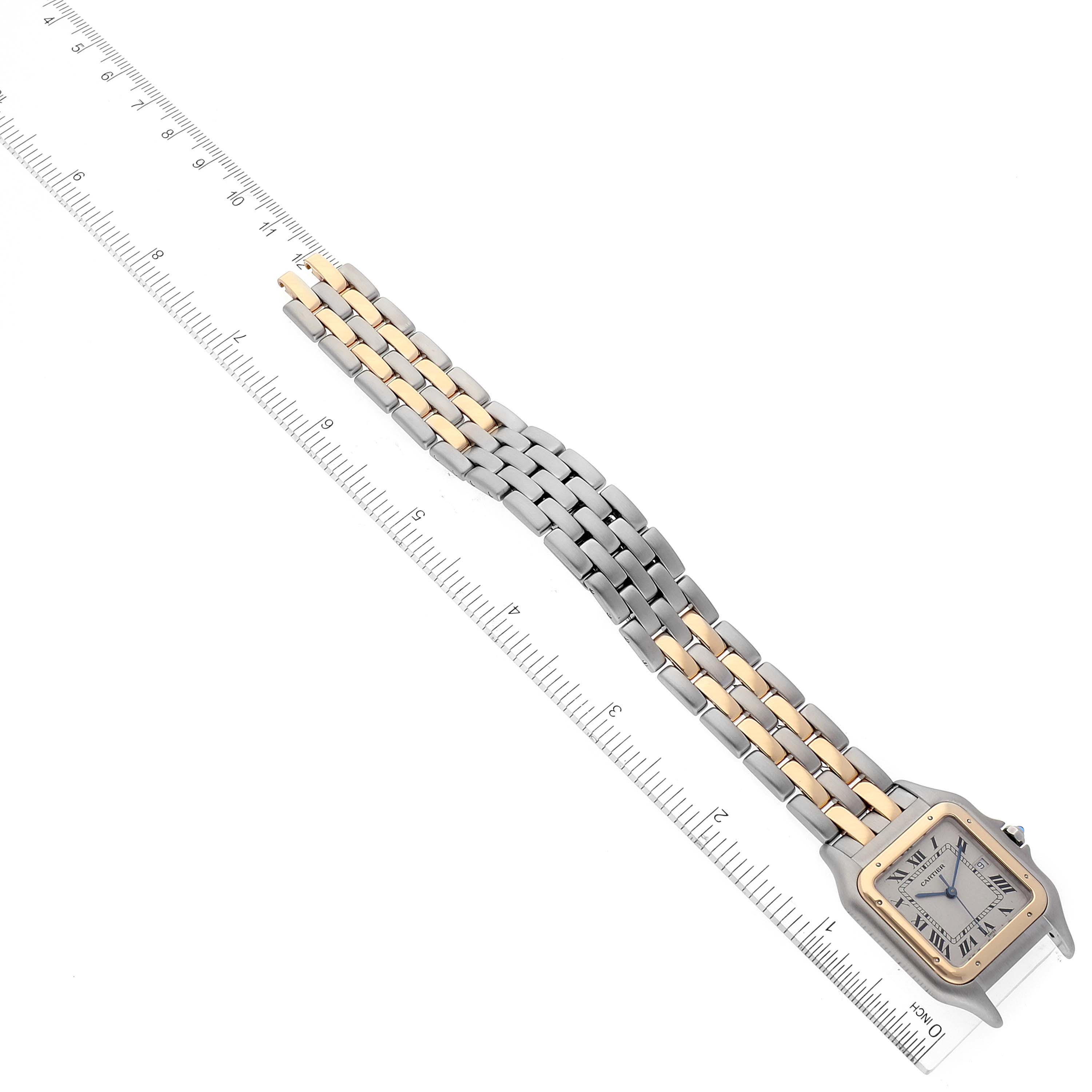 The Cartier Panthere 187957 Women's Steel and Gold (two tone) Silver Dial 187957 Women's Steel and Gold (two tone) Silver Dial watch is shown flat with its entire band and face visible, alongside a ruler for scale.
