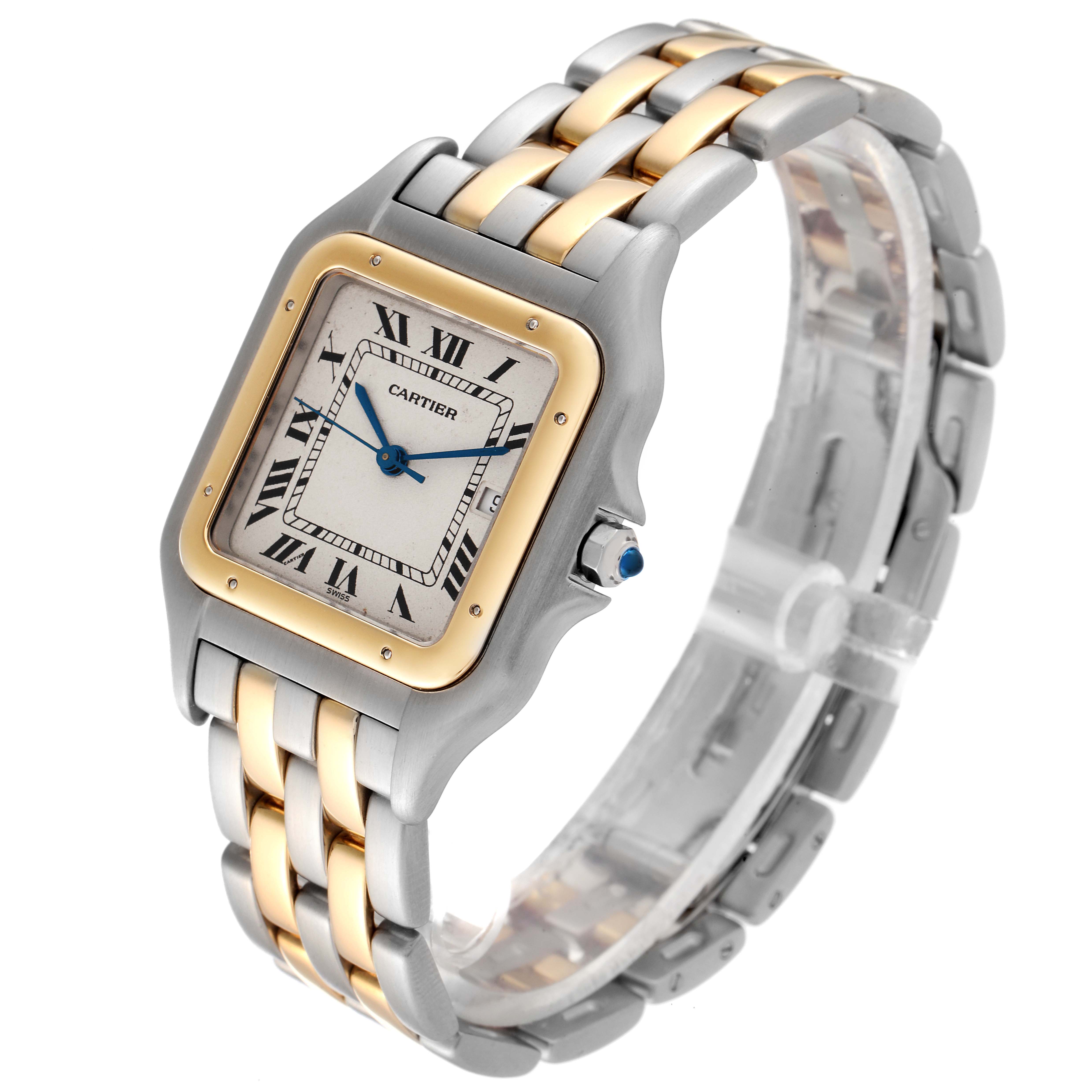 This image shows a Cartier Panthere 187957 Women's Steel and Gold (two tone) Silver Dial 187957 Women's Steel and Gold (two tone) Silver Dial model watch at a three-quarter angle, highlighting its dial, bezel, and bracelet.