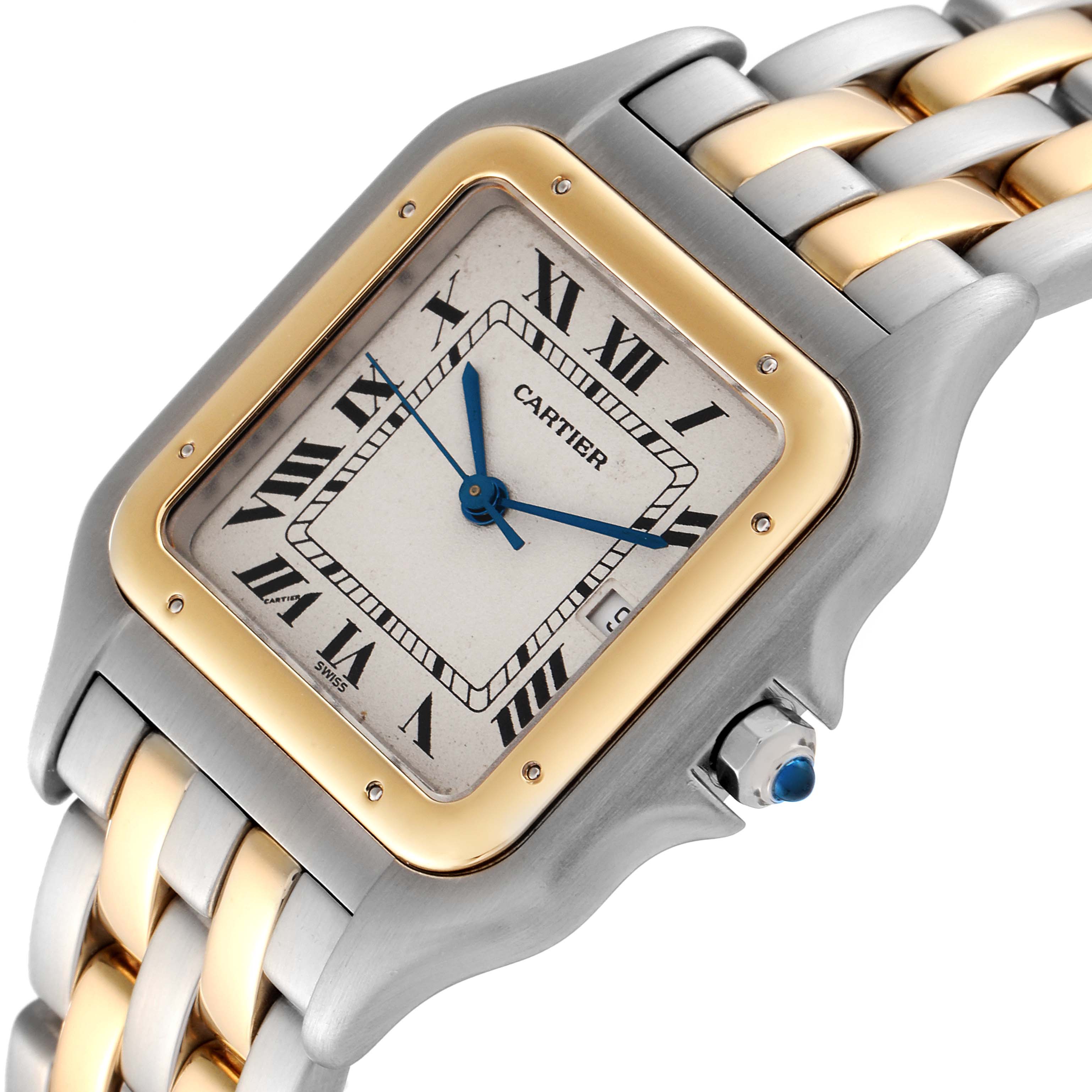 This image shows a close-up of the Cartier Panthere 187957 Women's Steel and Gold (two tone) Silver Dial 187957 Women's Steel and Gold (two tone) Silver Dial watch, highlighting its face, bezel, and part of the bracelet.
