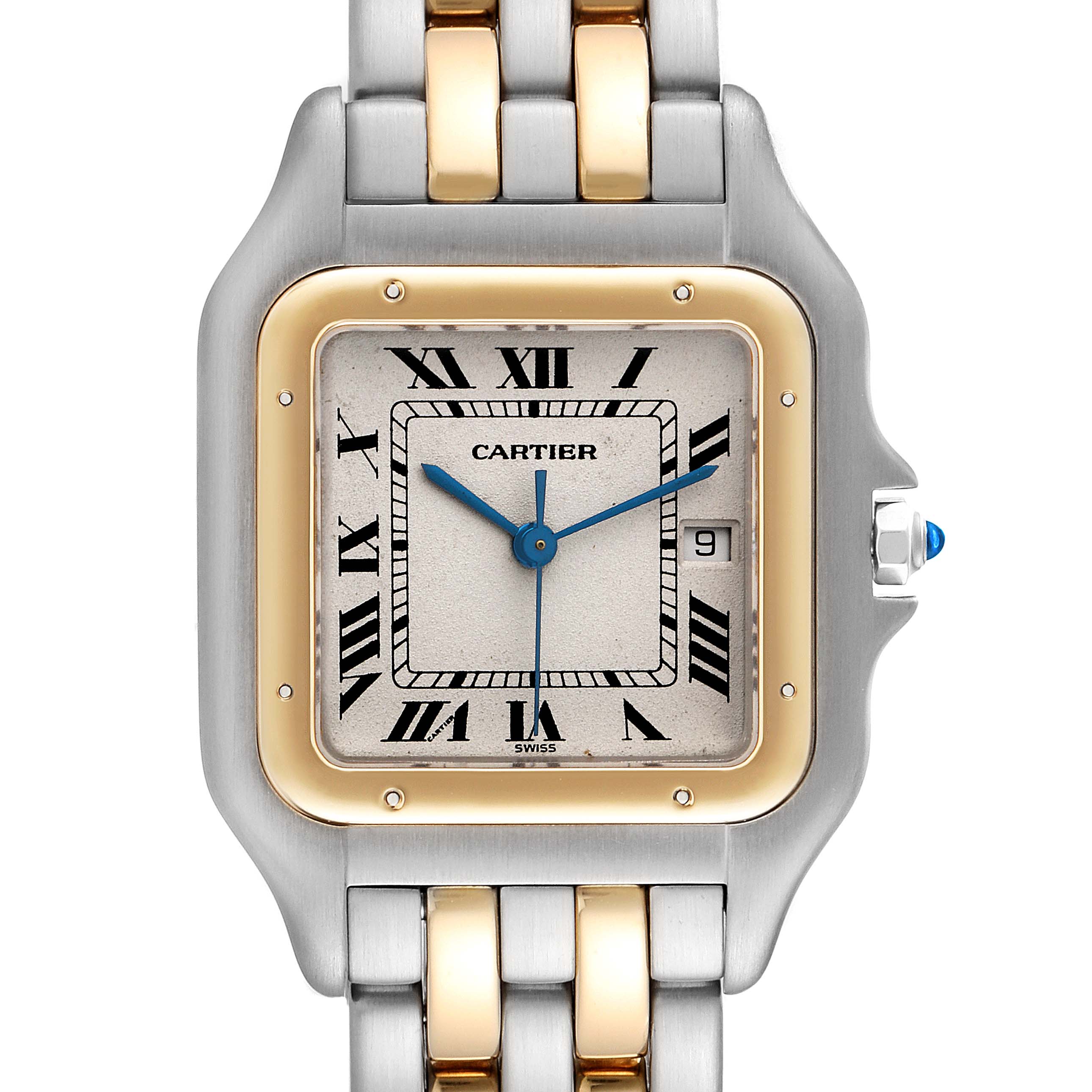 The image shows a close-up of the face and partial bracelet of a Cartier Panthere 187957 Women's Steel and Gold (two tone) Silver Dial 187957 Women's Steel and Gold (two tone) Silver Dial model watch.