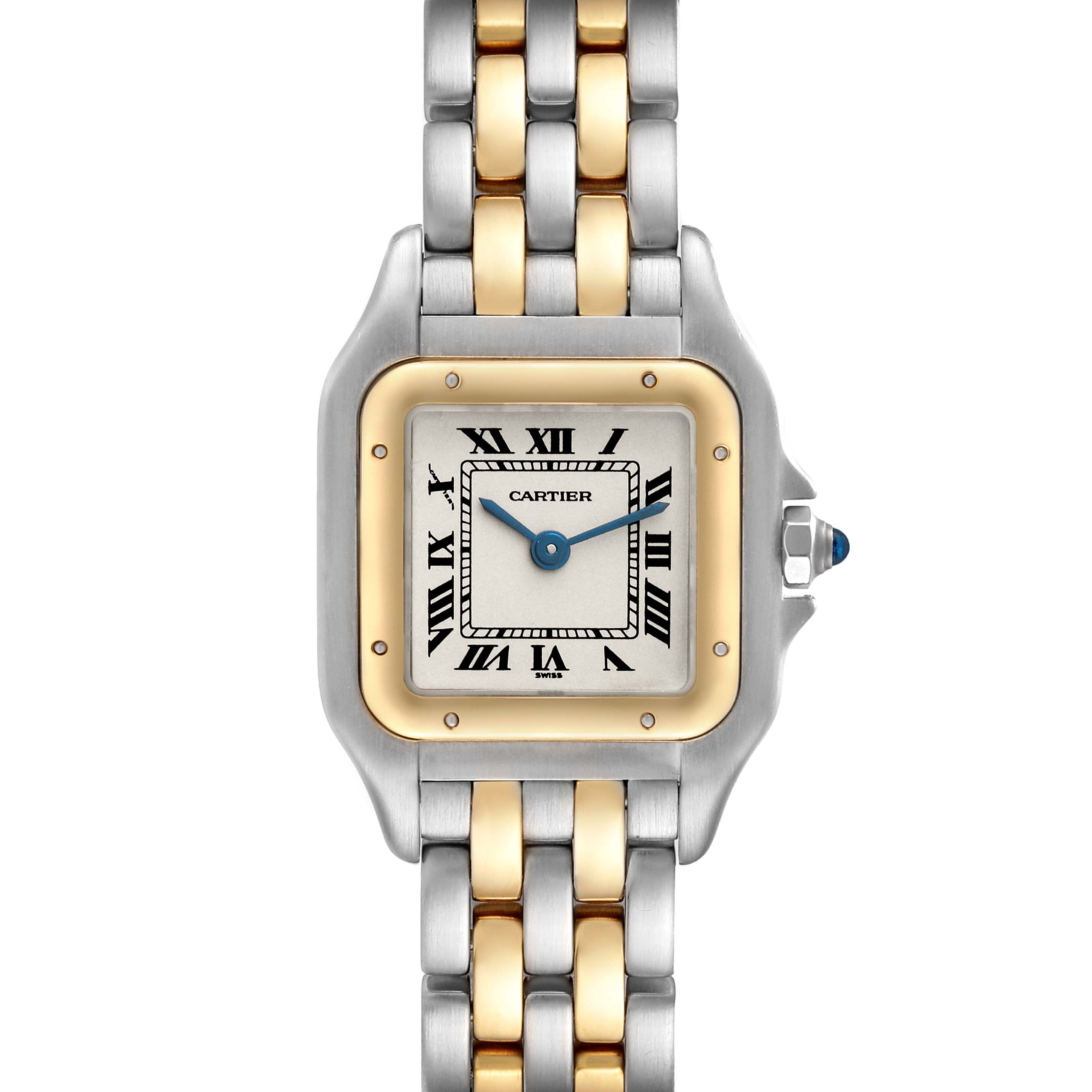 The image shows a front view of the Cartier Panthere W25029B6 Women
s Steel and Gold (two tone) Silver Dial W25029B6 Women
s Steel and Gold (two tone) Silver Dial model watch, displaying the face, bezel, crown, and two-tone bracelet.