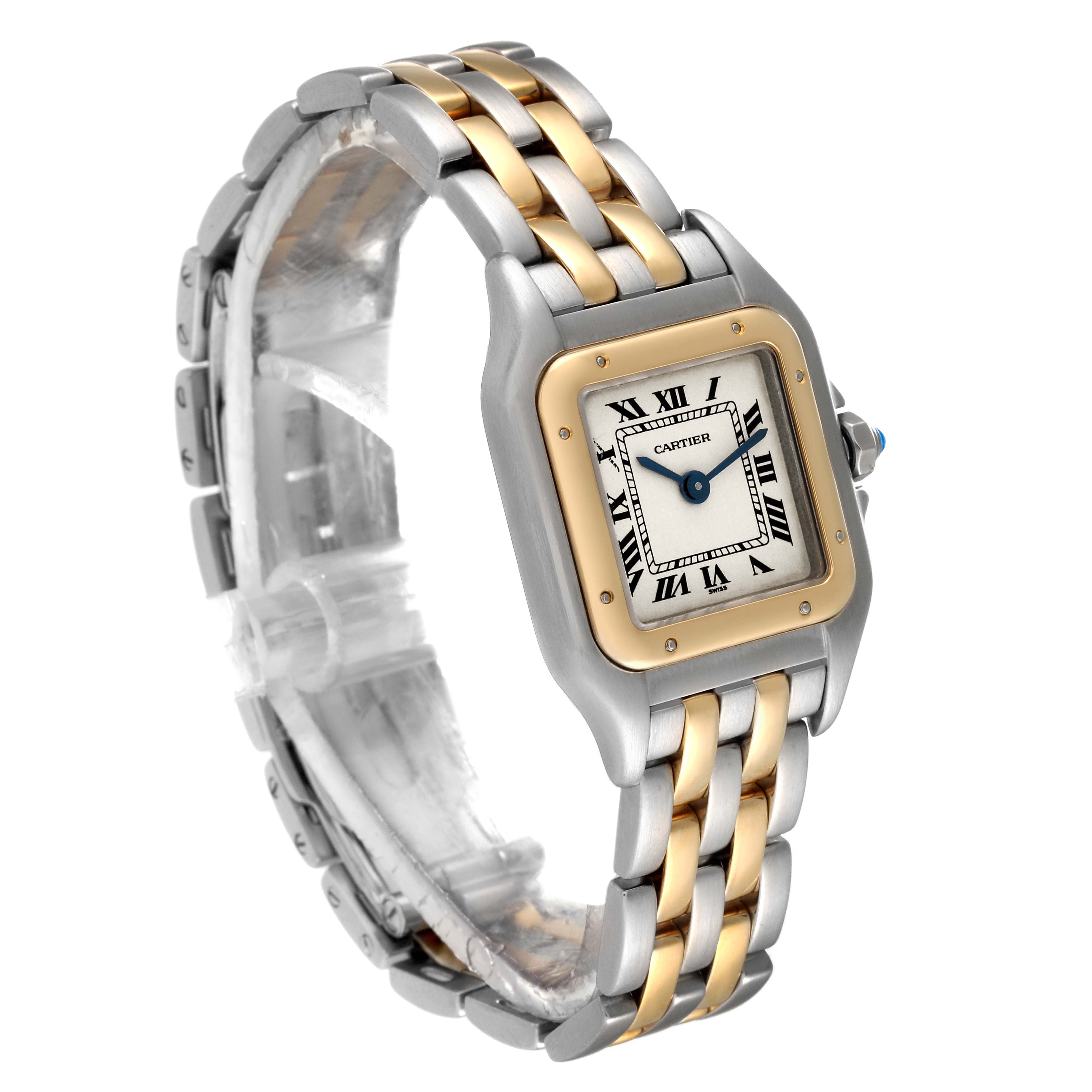 The Panthere model by Cartier is shown at a three-quarter angle, displaying the watch face, bezel, and bracelet.