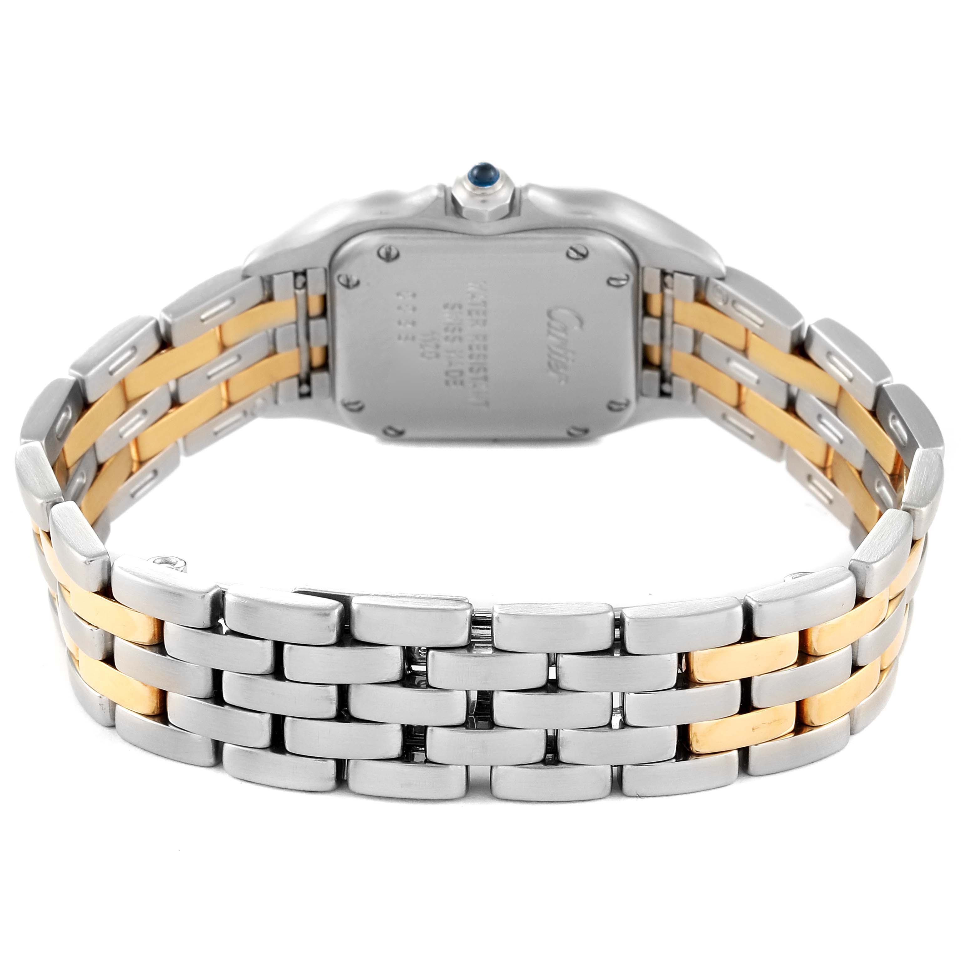 The image shows the back view of a Cartier Panthere W25029B6 Women
s Steel and Gold (two tone) Silver Dial W25029B6 Women
s Steel and Gold (two tone) Silver Dial watch, highlighting its two-tone metal bracelet and case back.