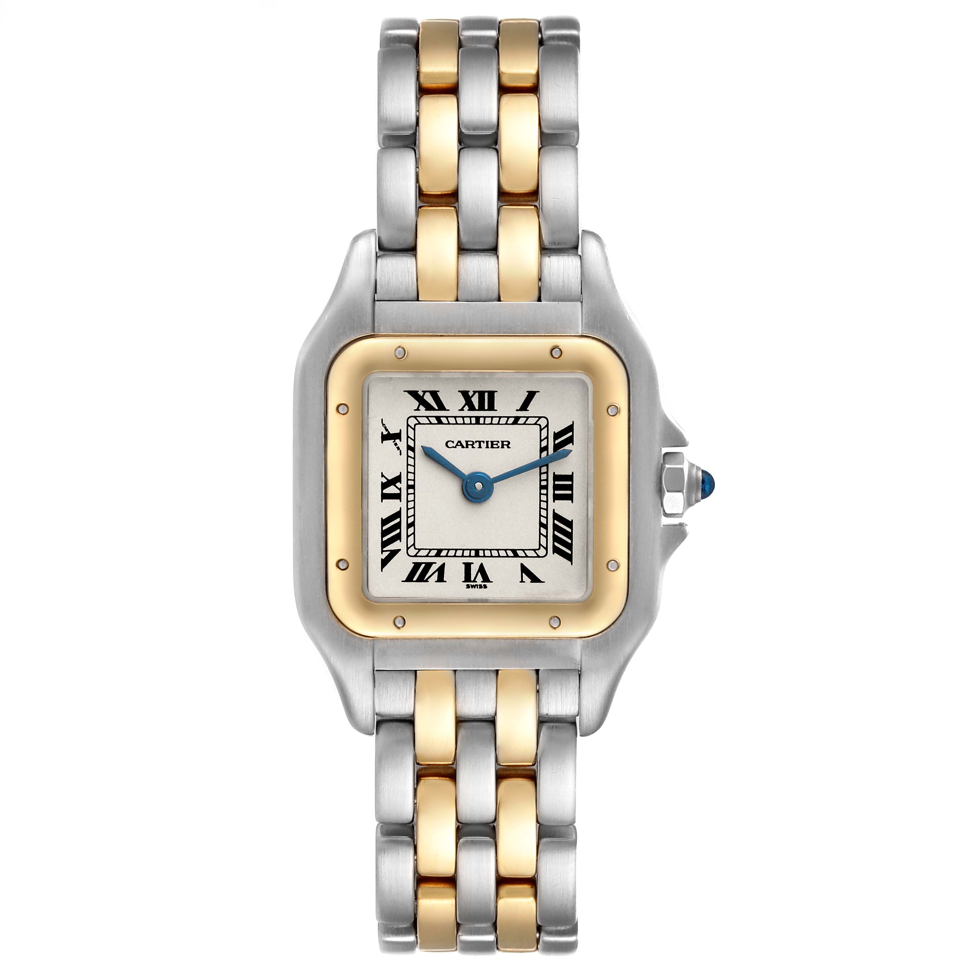 This image shows a front view of the Cartier Panthere W25029B6 Women
s Steel and Gold (two tone) Silver Dial W25029B6 Women
s Steel and Gold (two tone) Silver Dial model watch, featuring a two-tone bracelet and Roman numeral dial.