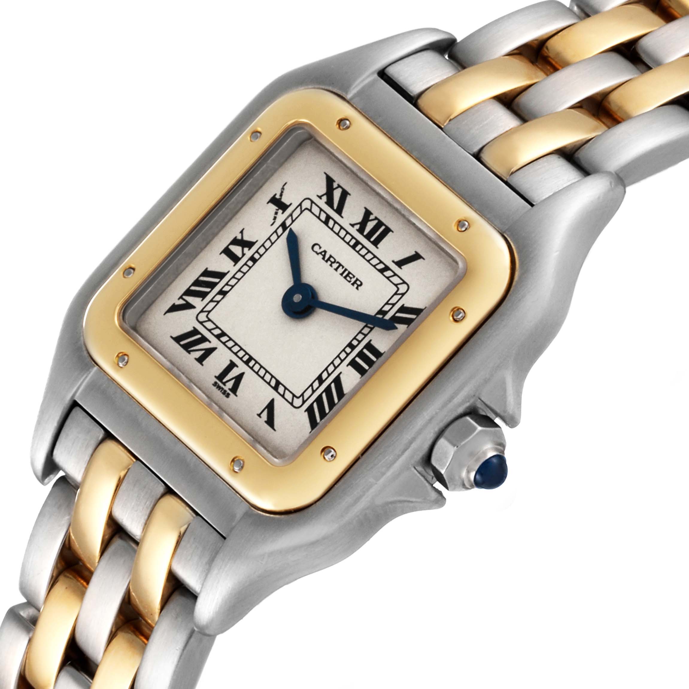 The image shows a close-up angle of the Cartier Panthere W25029B6 Women
s Steel and Gold (two tone) Silver Dial W25029B6 Women
s Steel and Gold (two tone) Silver Dial watch, highlighting its face, bezel, and part of the bracelet.