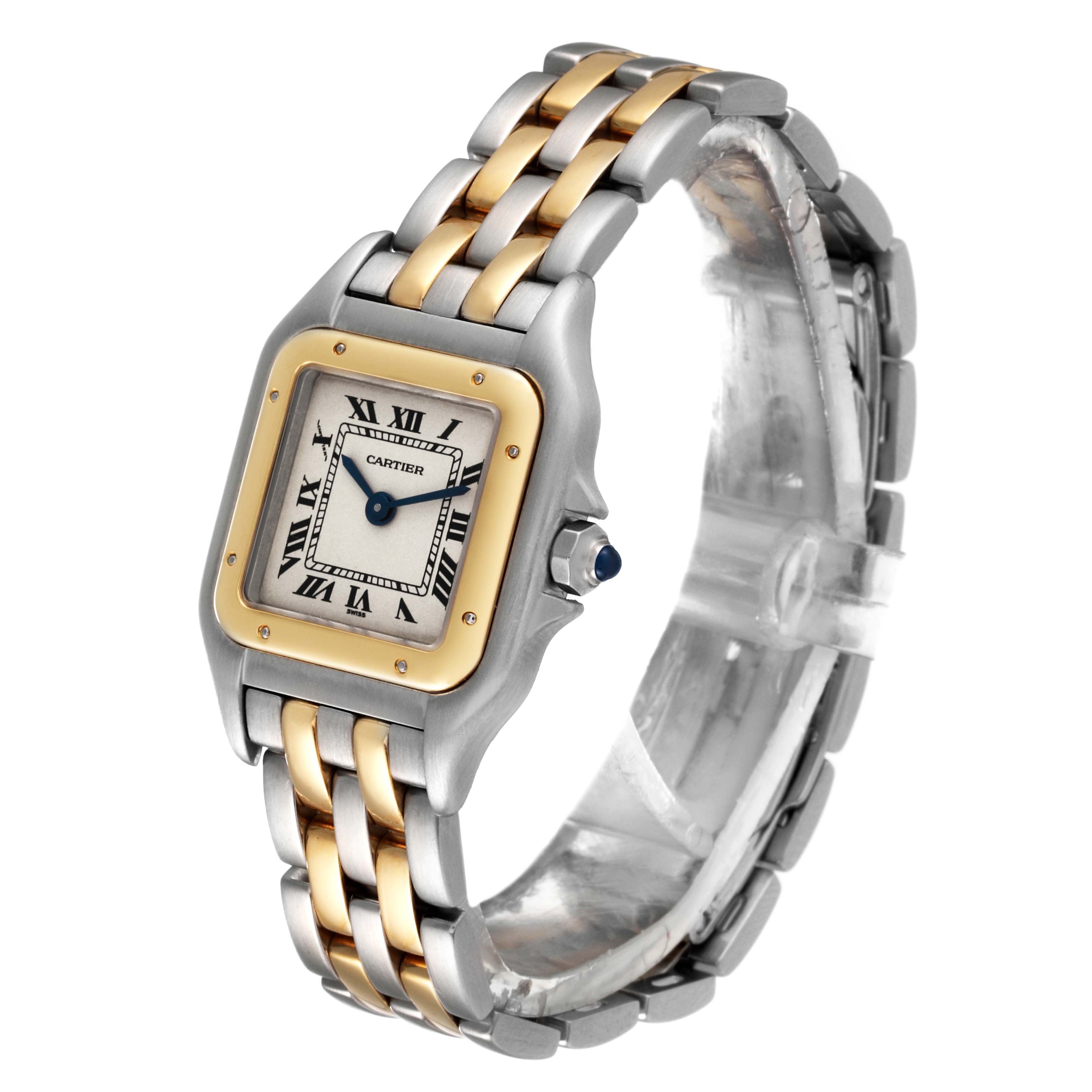 The image shows a Cartier Panthere W25029B6 Women
s Steel and Gold (two tone) Silver Dial W25029B6 Women
s Steel and Gold (two tone) Silver Dial watch angled slightly to the right, highlighting the face, bezel, and bracelet.
