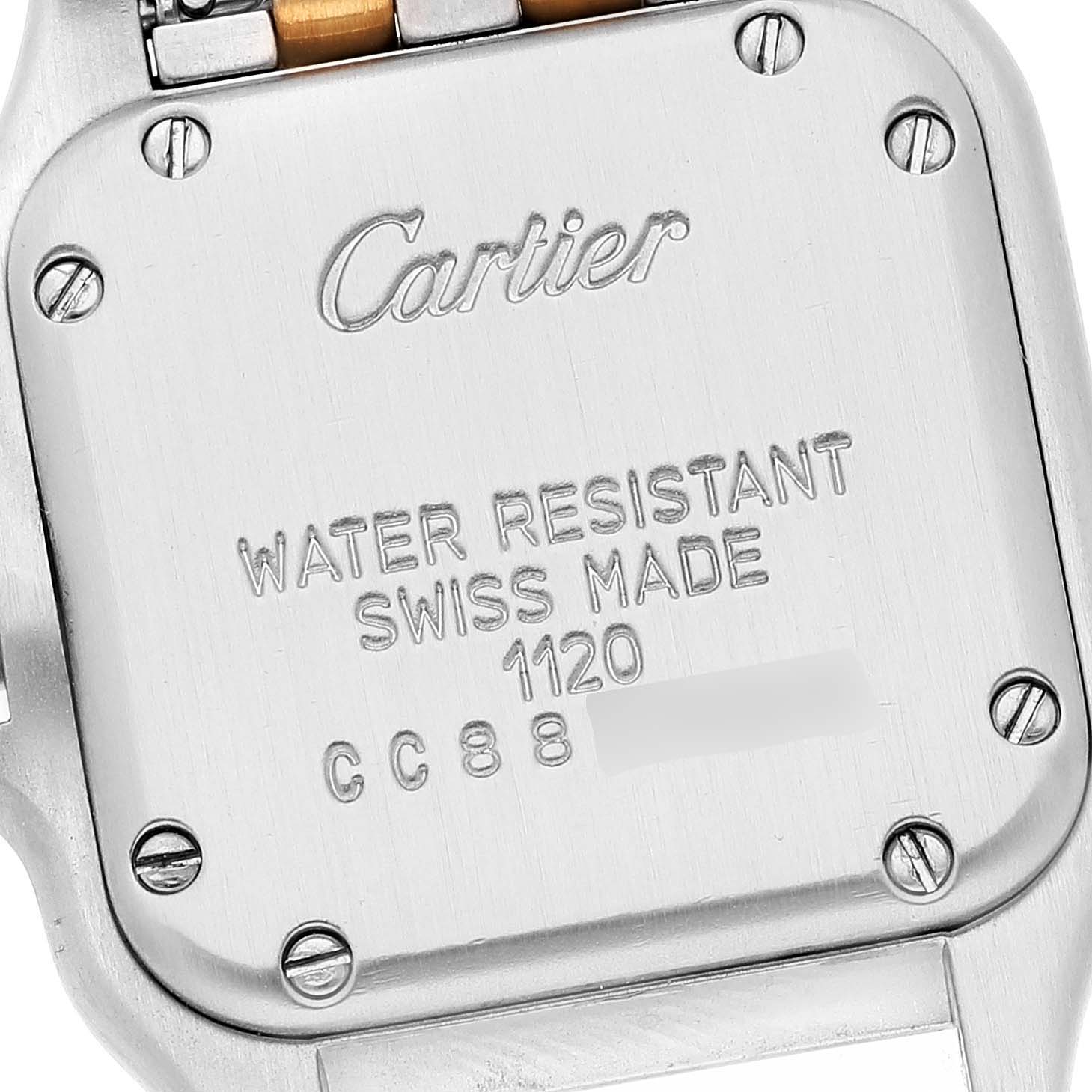 The image shows the back case of a Cartier Panthere W25029B6 Women
s Steel and Gold (two tone) Silver Dial W25029B6 Women
s Steel and Gold (two tone) Silver Dial model watch, displaying engravings and screw details.