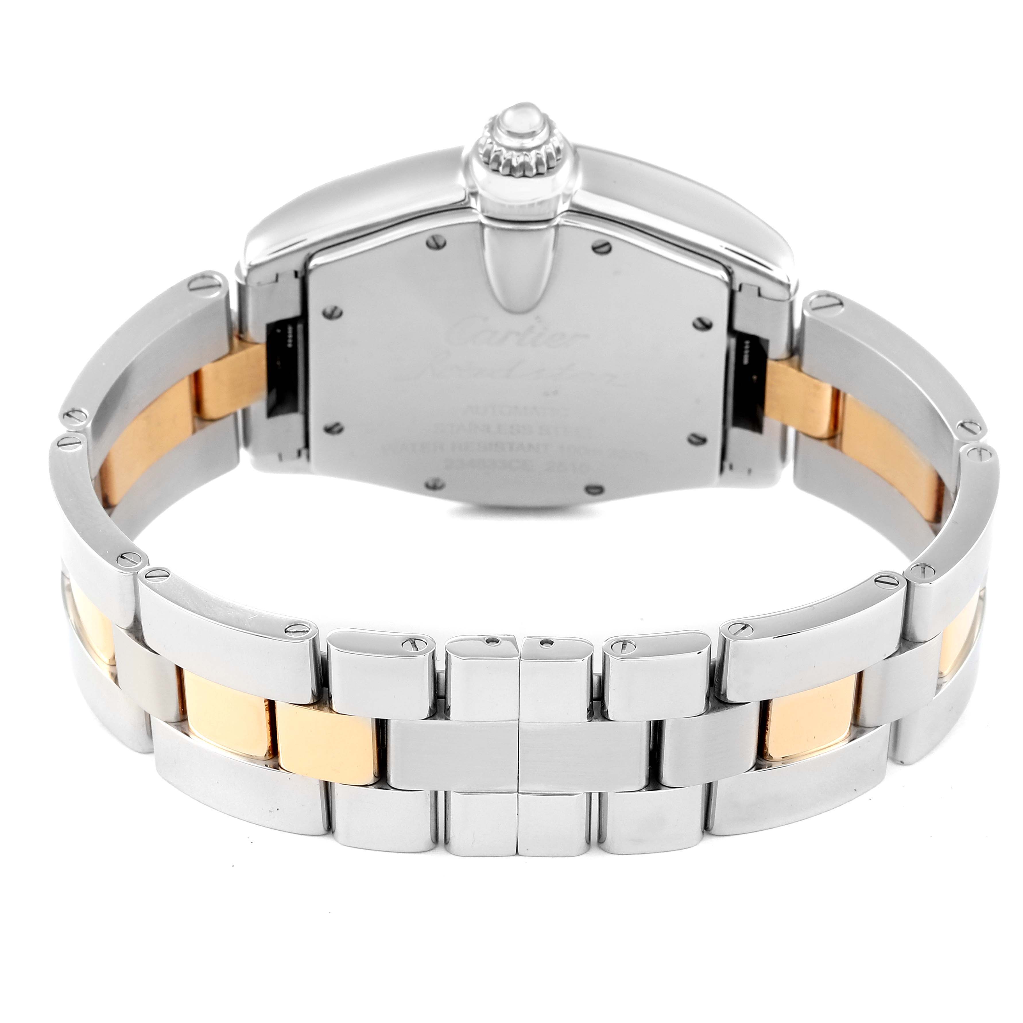 The image shows the back view of a Cartier Roadster W62031Y4 Men
s Steel and Gold (two tone) Silver Dial W62031Y4 Men
s Steel and Gold (two tone) Silver Dial watch, highlighting its stainless steel and gold bracelet.