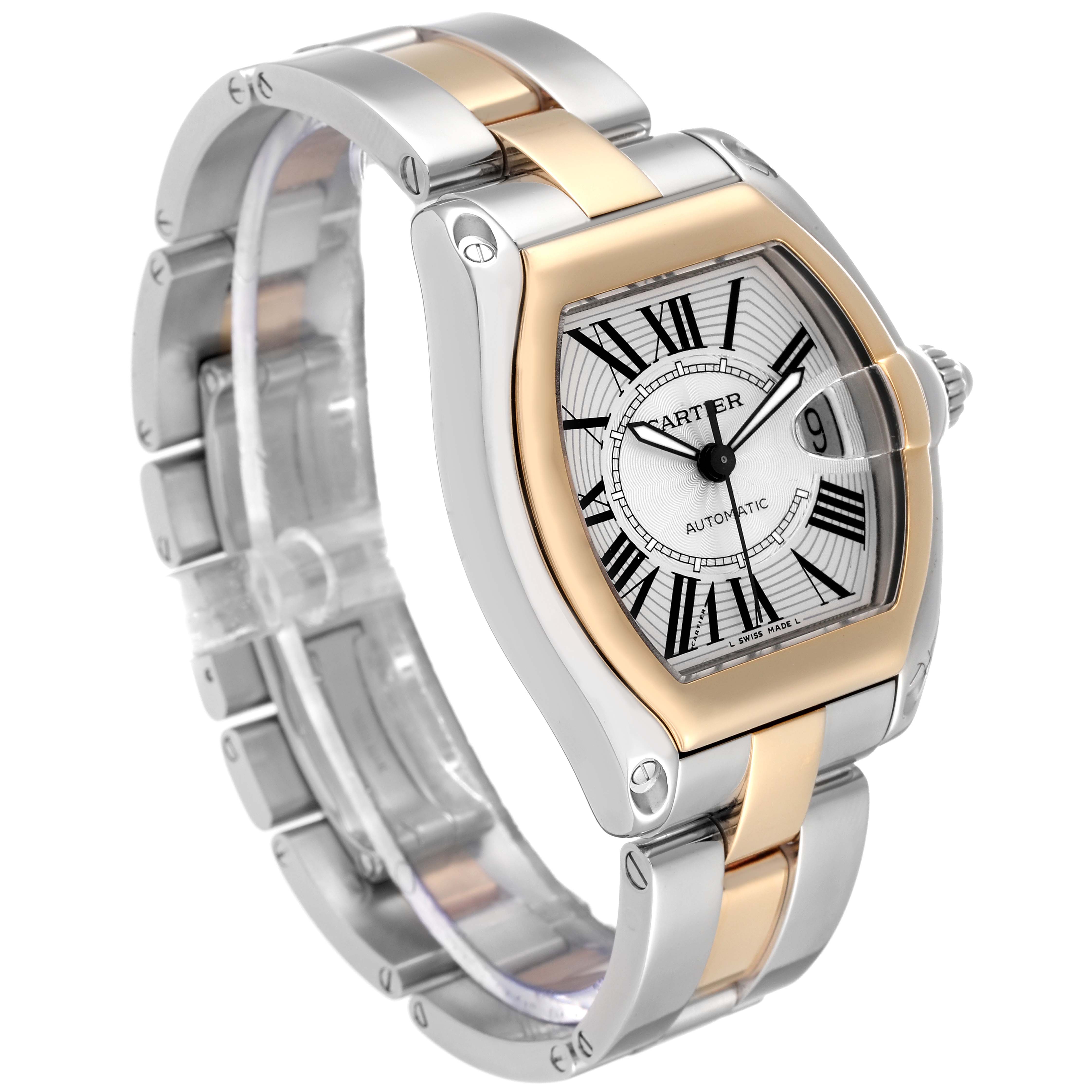 The Cartier Roadster W62031Y4 Men
s Steel and Gold (two tone) Silver Dial W62031Y4 Men
s Steel and Gold (two tone) Silver Dial watch is shown at a three-quarter angle, highlighting its silver and gold bracelet and detailed dial.