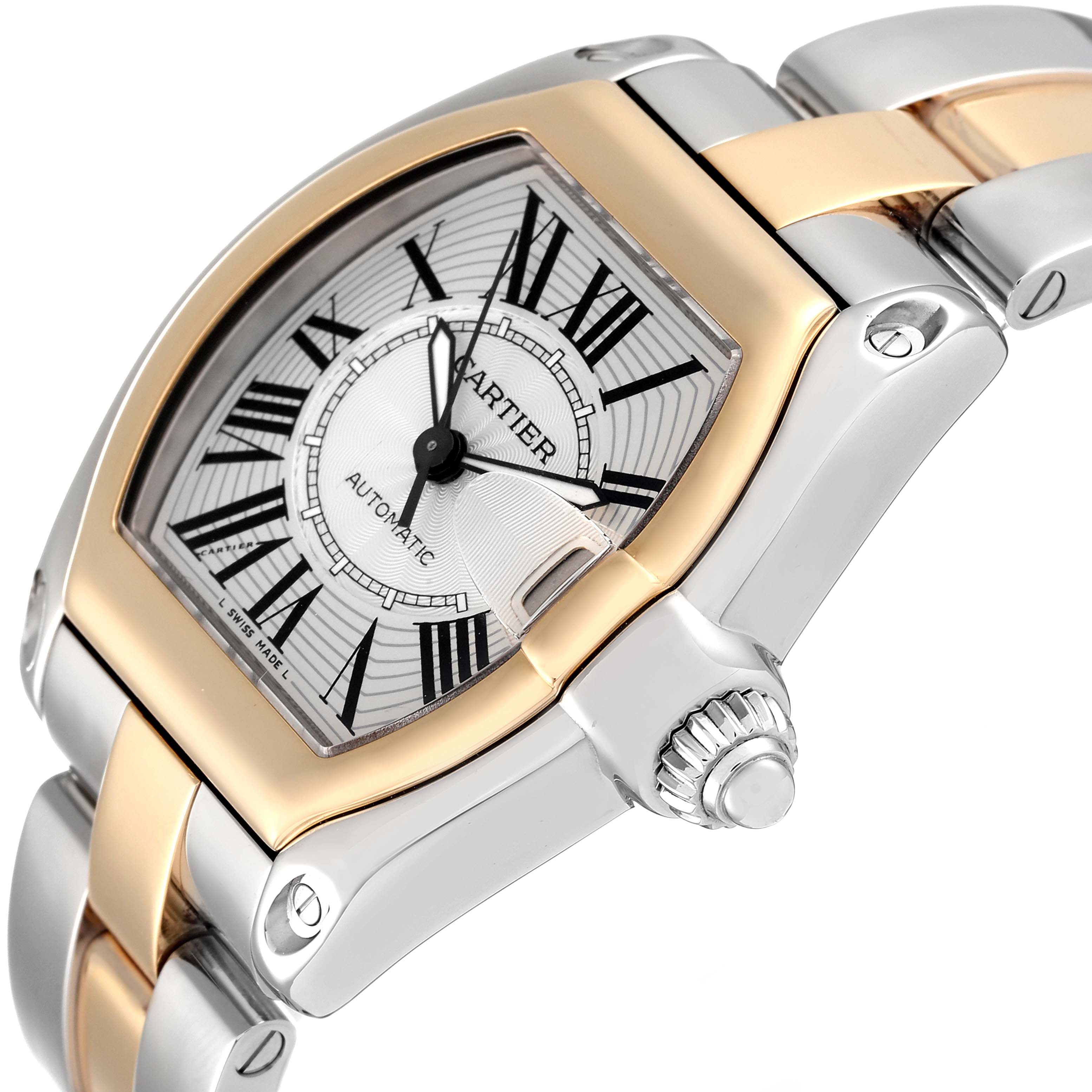 The image shows a close-up angled view of the dial, bezel, and part of the bracelet of the Cartier Roadster W62031Y4 Men
s Steel and Gold (two tone) Silver Dial W62031Y4 Men
s Steel and Gold (two tone) Silver Dial watch.