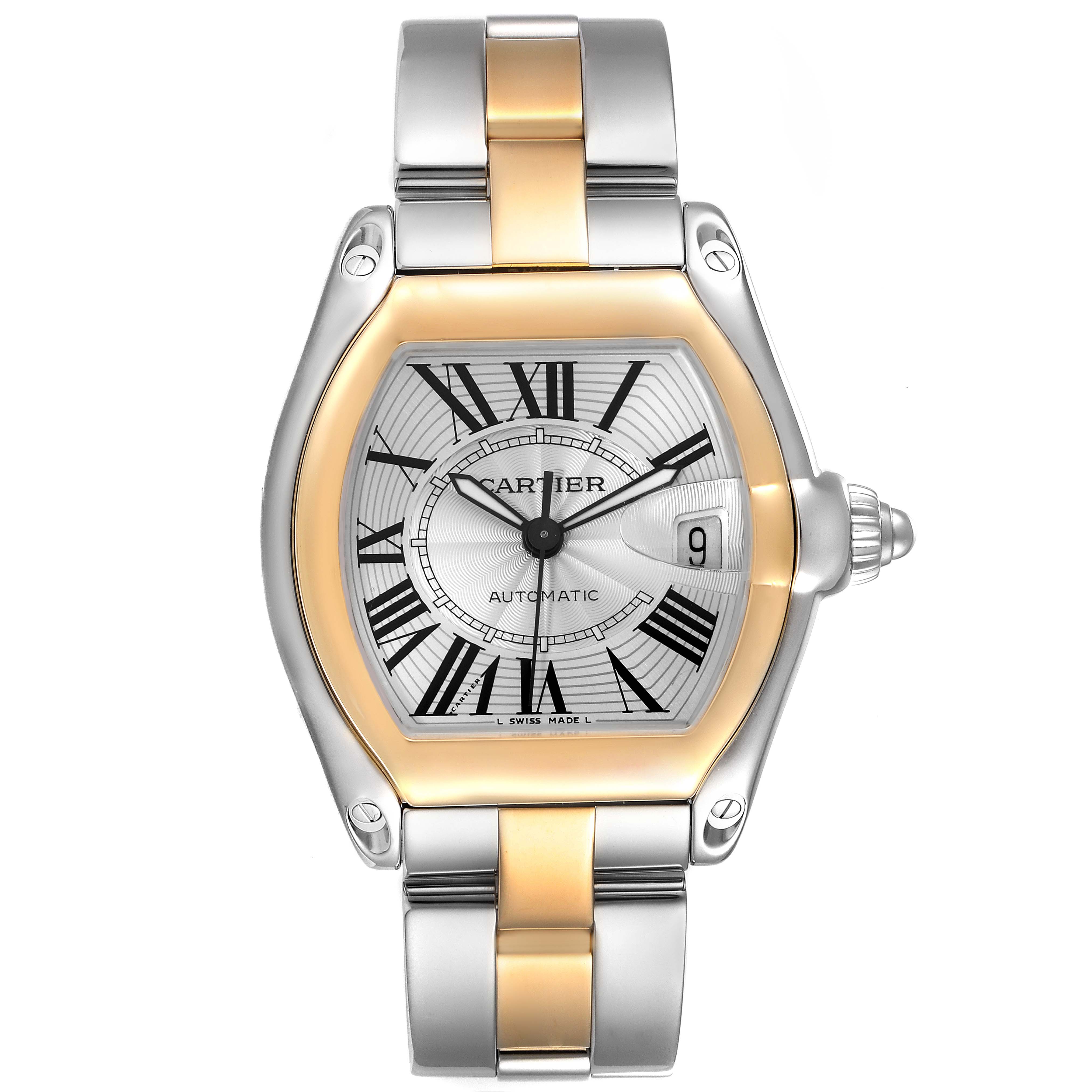 This is a front view of a Cartier Roadster W62031Y4 Men
s Steel and Gold (two tone) Silver Dial W62031Y4 Men
s Steel and Gold (two tone) Silver Dial watch, showcasing its dial, bezel, and part of the metal bracelet.