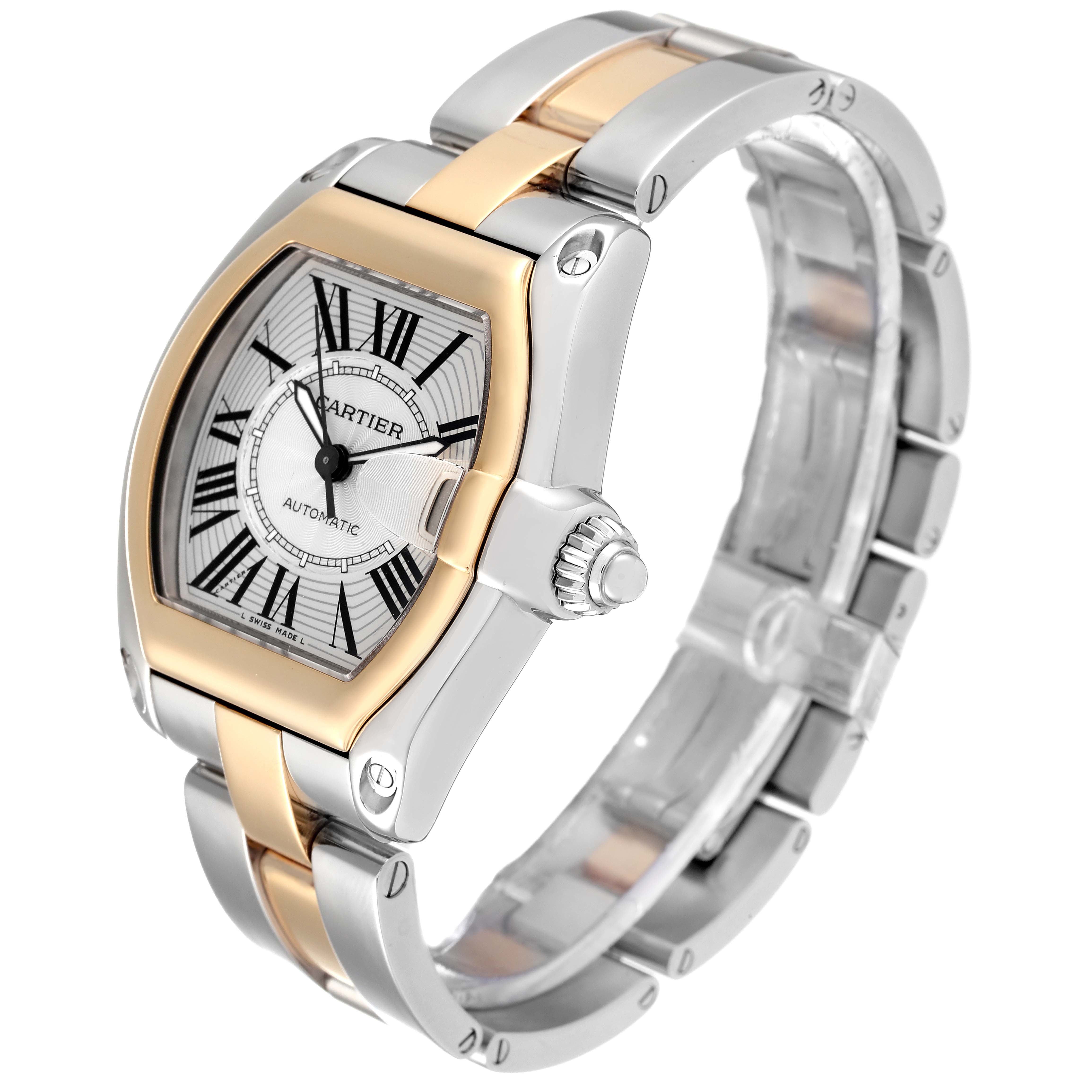 The Cartier Roadster W62031Y4 Men
s Steel and Gold (two tone) Silver Dial W62031Y4 Men
s Steel and Gold (two tone) Silver Dial watch is shown at an oblique angle, featuring the watch face, strap, and crown.