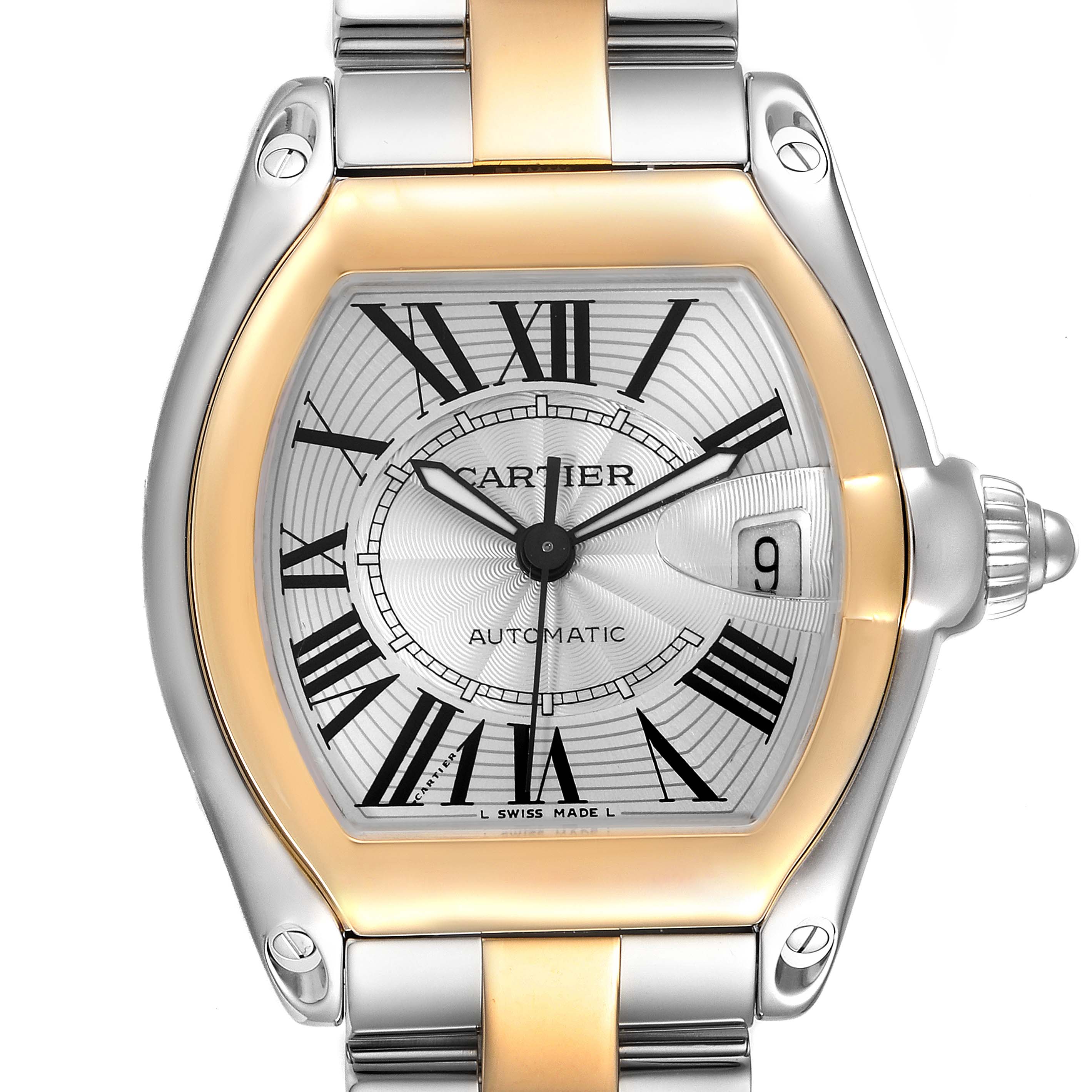 The image shows a close-up of a Cartier Roadster W62031Y4 Men
s Steel and Gold (two tone) Silver Dial W62031Y4 Men
s Steel and Gold (two tone) Silver Dial watch face, including the dial, hands, and bracelet.