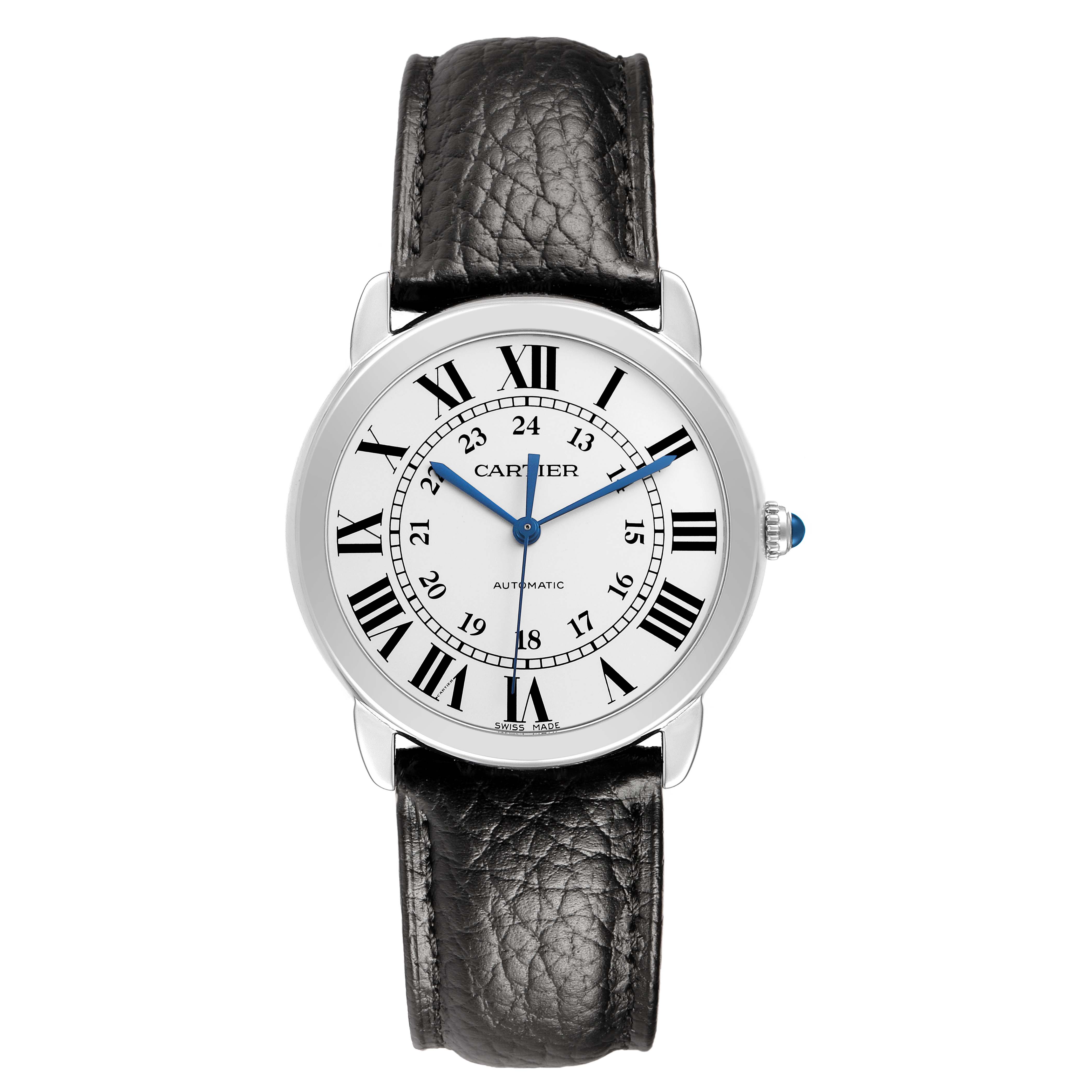 The Cartier Ronde WSRN0021 Men's Stainless Steel Silver Dial watch is shown from the front, highlighting its face, Roman numerals, and leather strap.