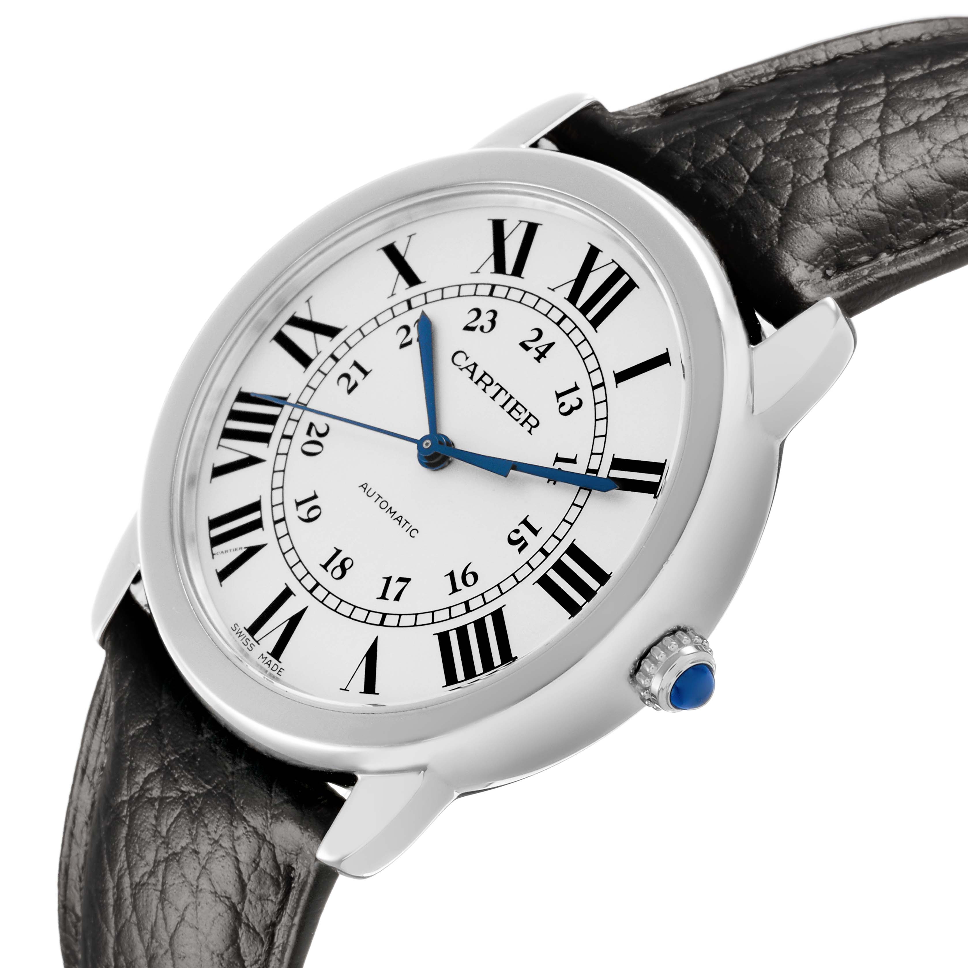 The Cartier Ronde WSRN0021 Men's Stainless Steel Silver Dial watch is shown at a side angle, highlighting its dial, bezel, crown, and strap.