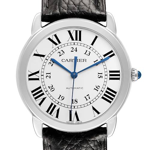 The Cartier Ronde WSRN0021 Men's Stainless Steel Silver Dial watch is shown from the front, displaying the face, hands, crown, and part of the leather strap.