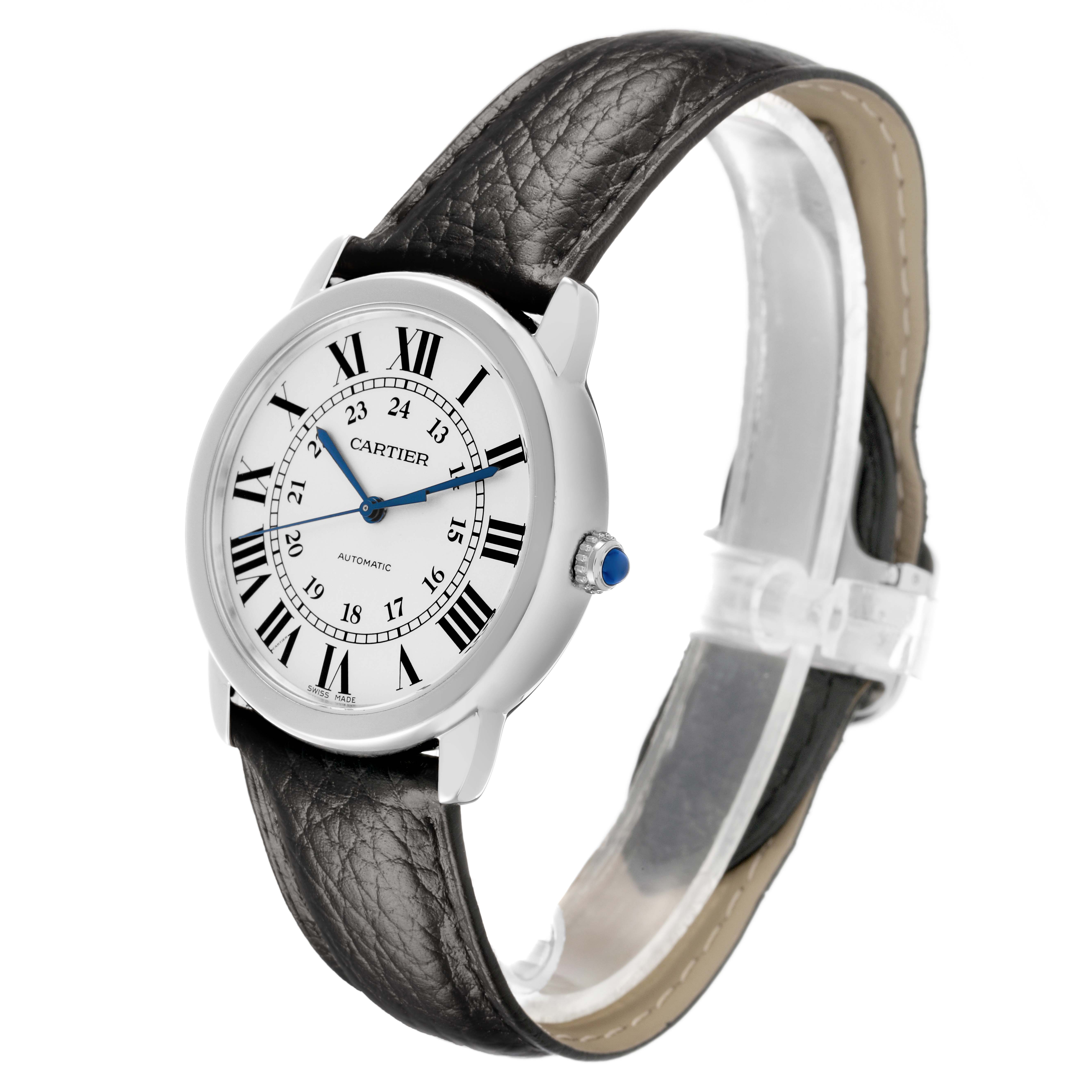 The Cartier Ronde WSRN0021 Men's Stainless Steel Silver Dial watch is shown at a slight angle, displaying the face, Roman numerals, blue hands, and a textured leather strap.