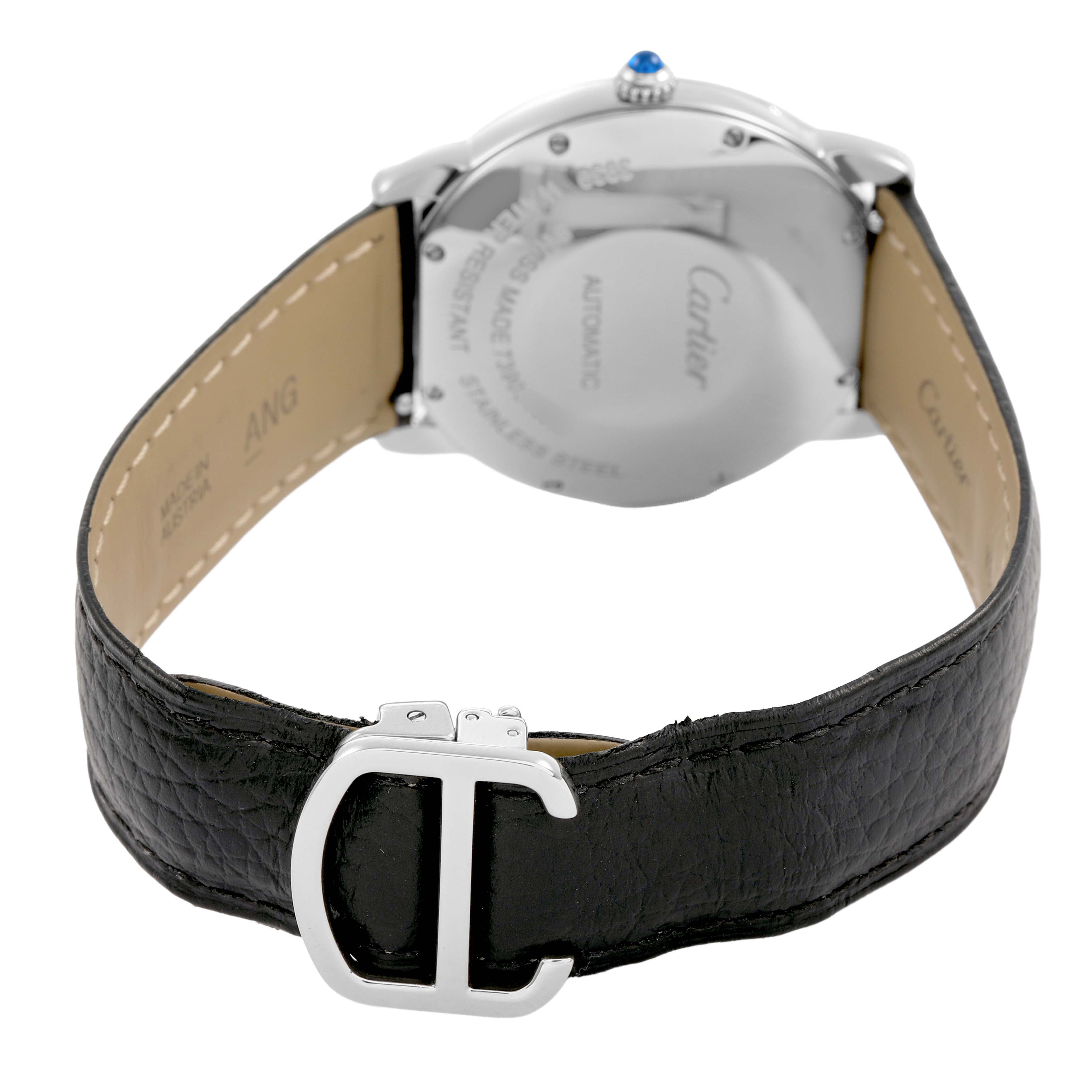 The image shows the back view of the Cartier Ronde WSRN0021 Men's Stainless Steel Silver Dial watch, highlighting the clasp, leather strap, and case back.