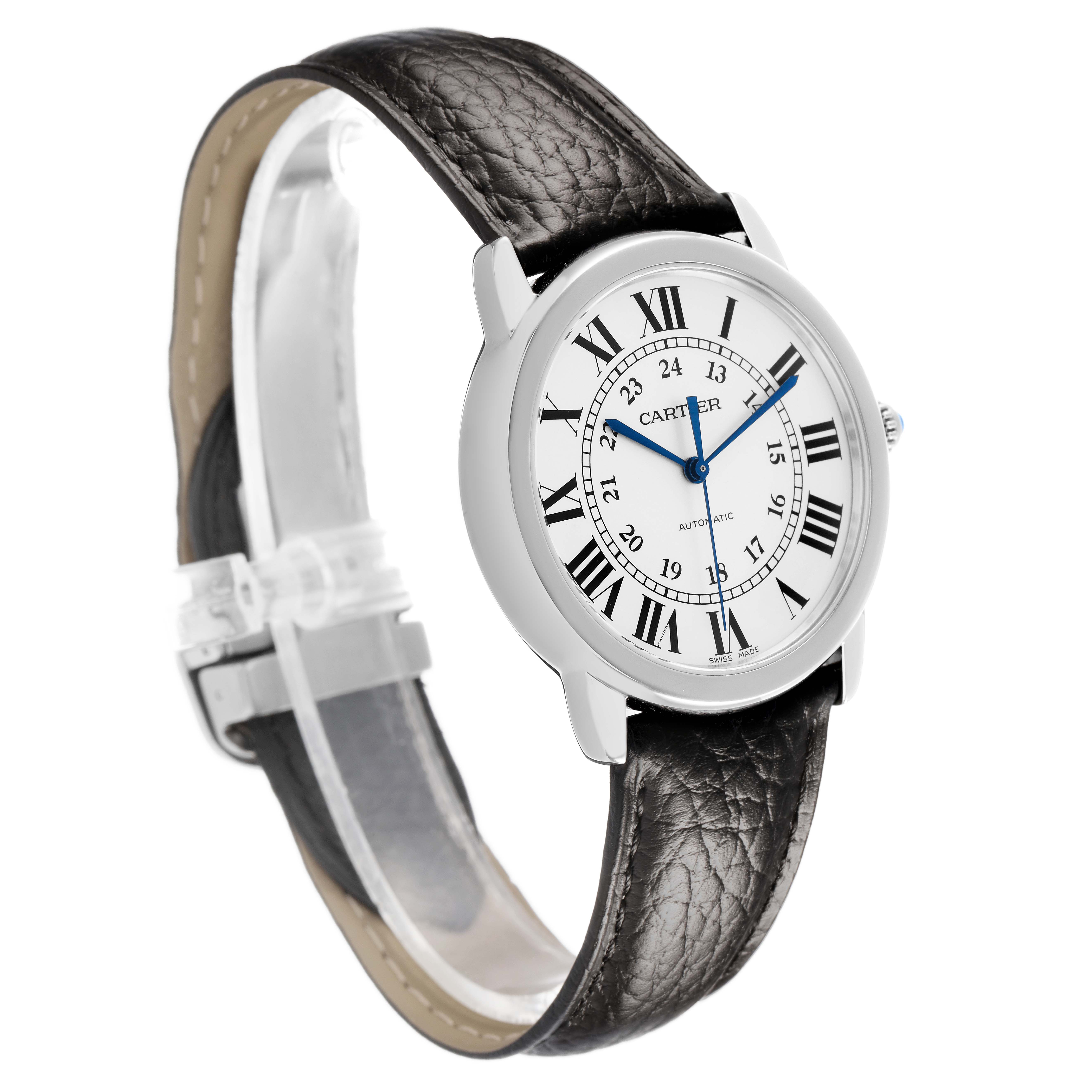 The Cartier Ronde WSRN0021 Men's Stainless Steel Silver Dial watch is shown at a three-quarter angle, displaying the face, leather strap, and side case.