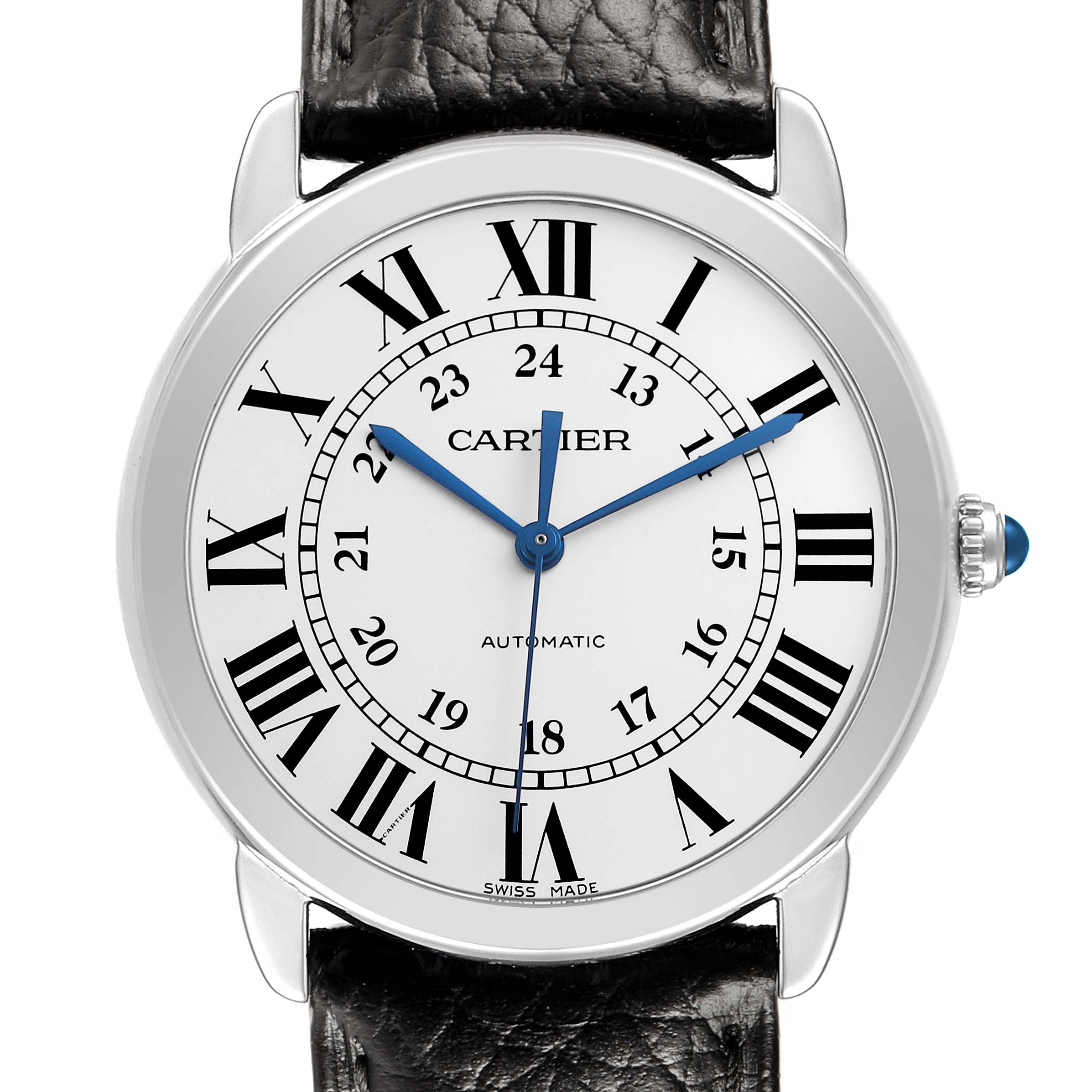 The Cartier Ronde WSRN0021 Men's Stainless Steel Silver Dial watch is shown from a front view, highlighting the face, crown, and black leather strap.